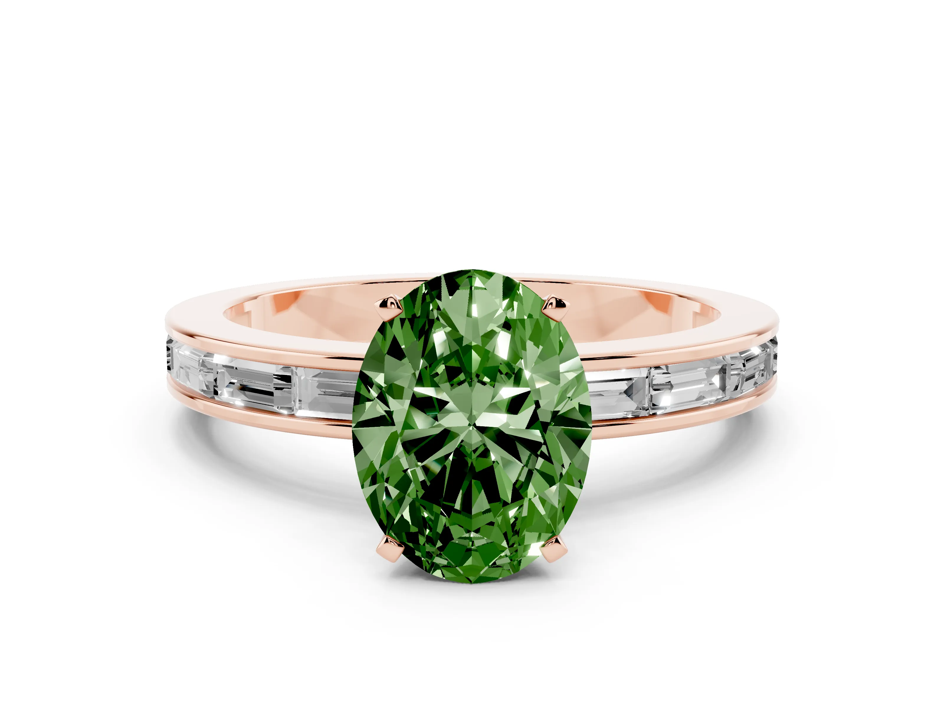 Fancy Green Oval Cut Diamond Solitaire Ring Set in Rose gold with Channel-Set Baguette Band and Prong Setting