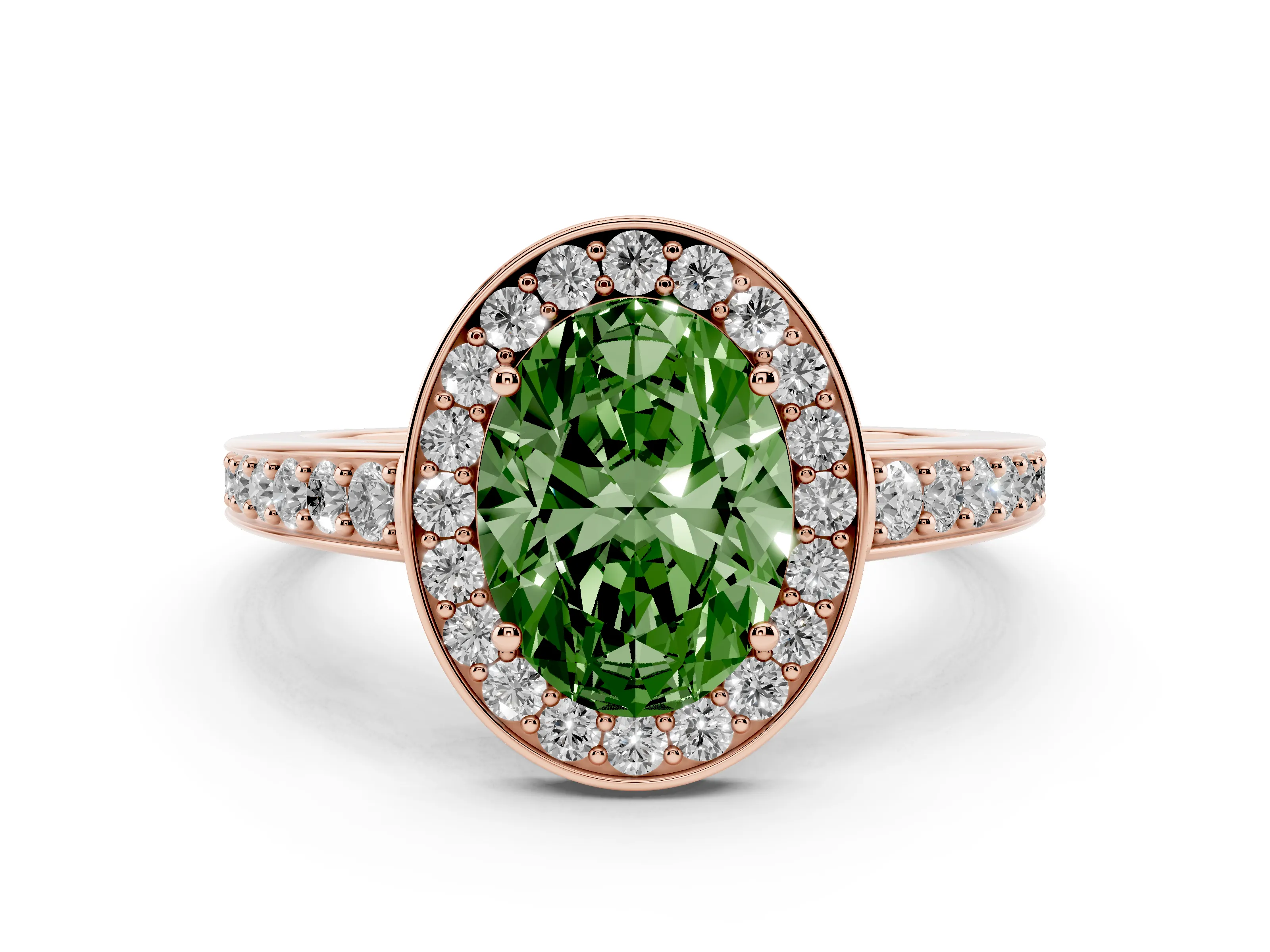 Fancy Green Oval Cut Diamond Halo Pavé Engagement Ring Set in Rose gold with Bezel Setting