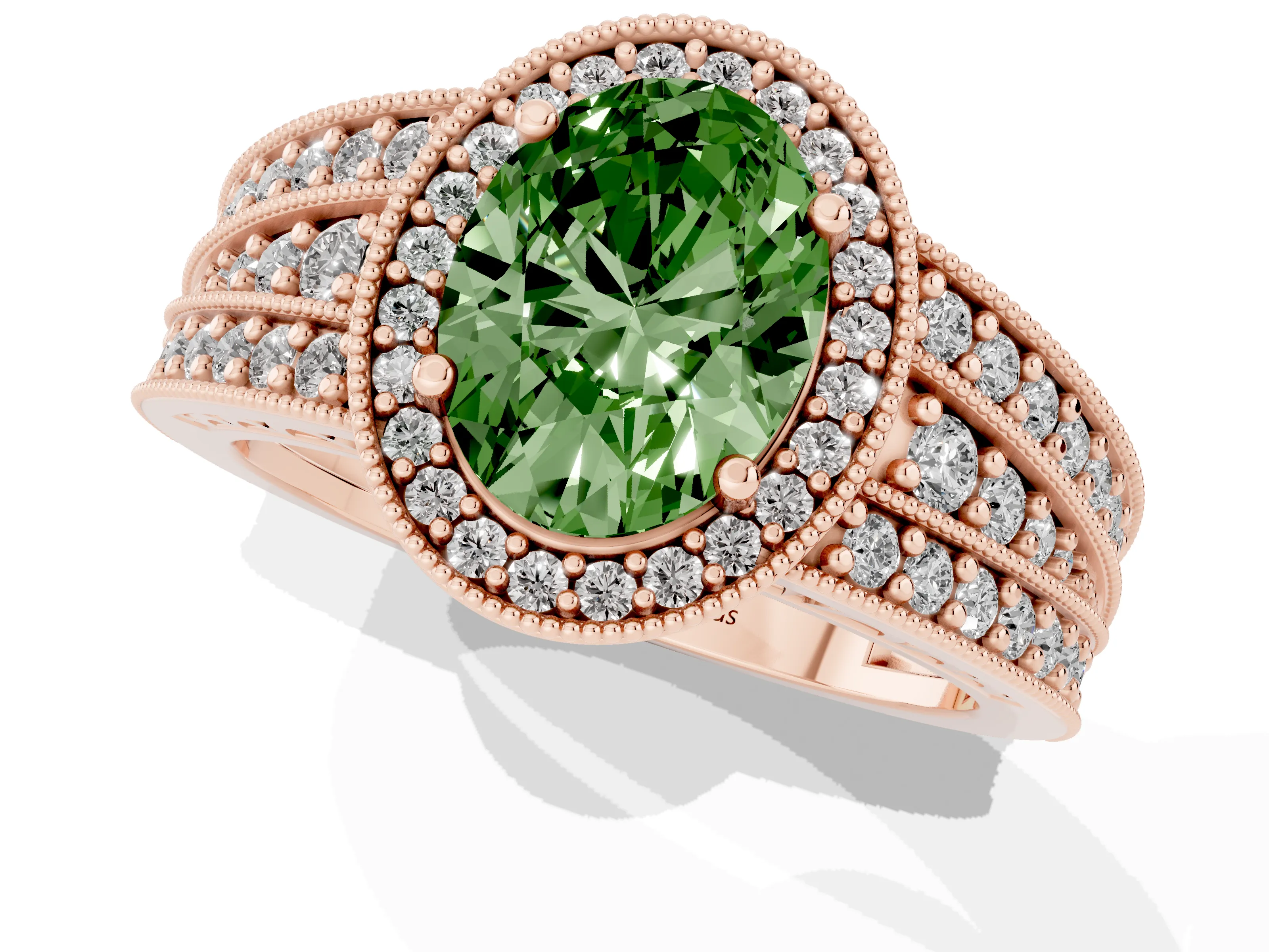 Fancy Green Oval Cut Diamond Halo Ring Set in Rose gold with Accent Split Shank and Prong Setting