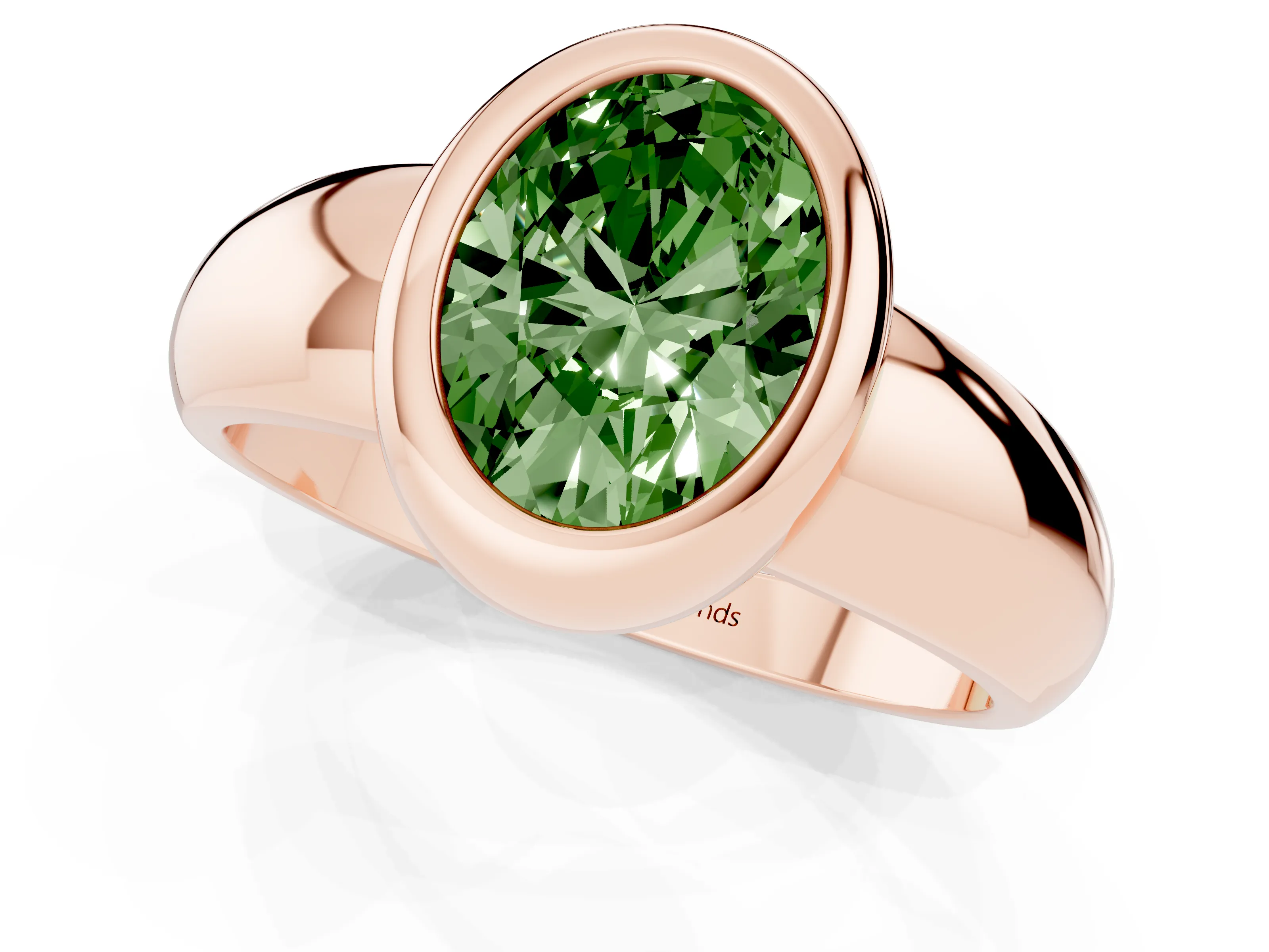 Fancy Green Bezel Set Oval Cut Diamond Solitaire Ring Set in Rose gold with Wide Band