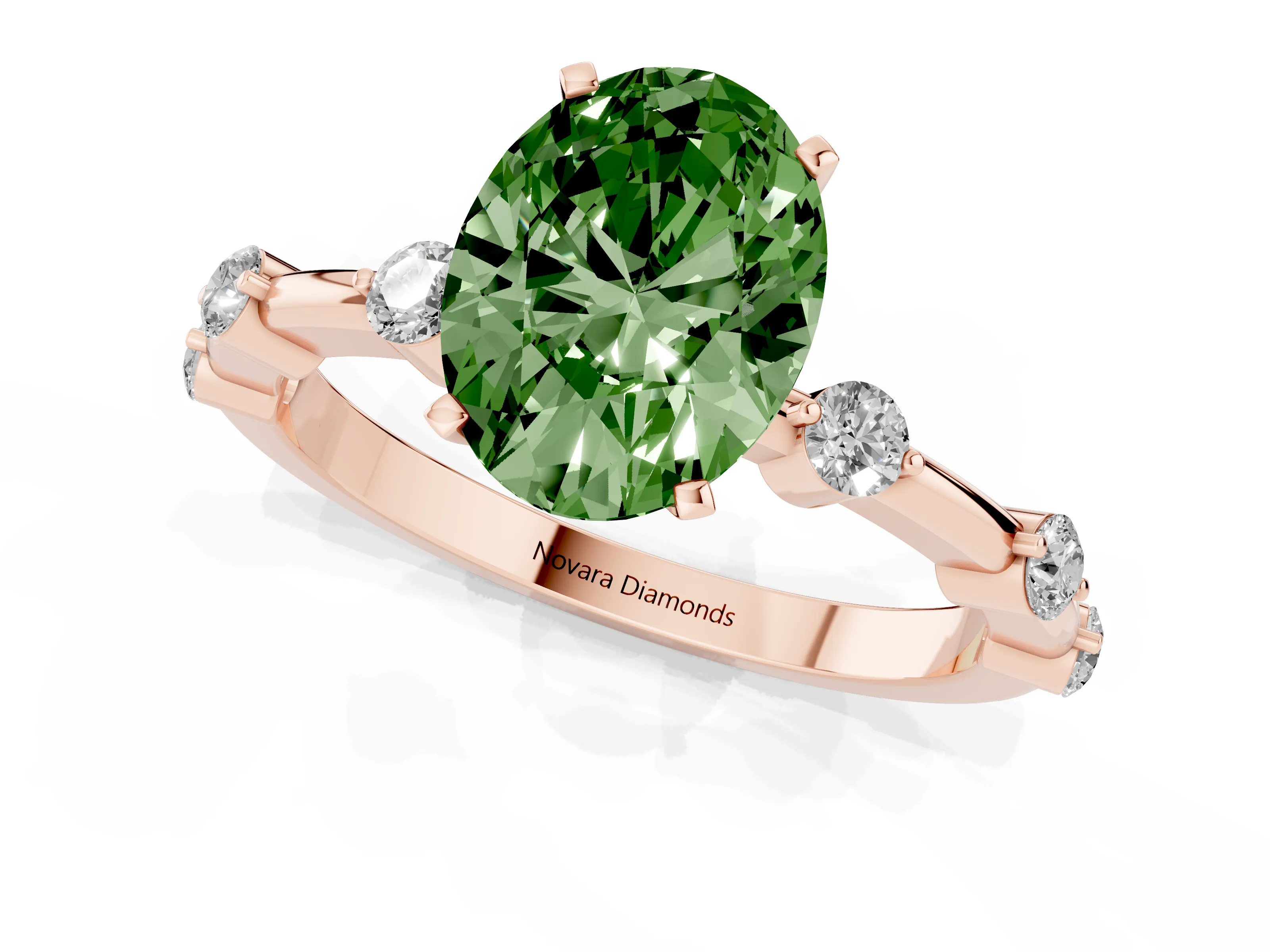 Fancy Green Oval Cut Diamond Solitaire Ring Set in Rose gold with Bezel Set Side Stones and Prong Setting