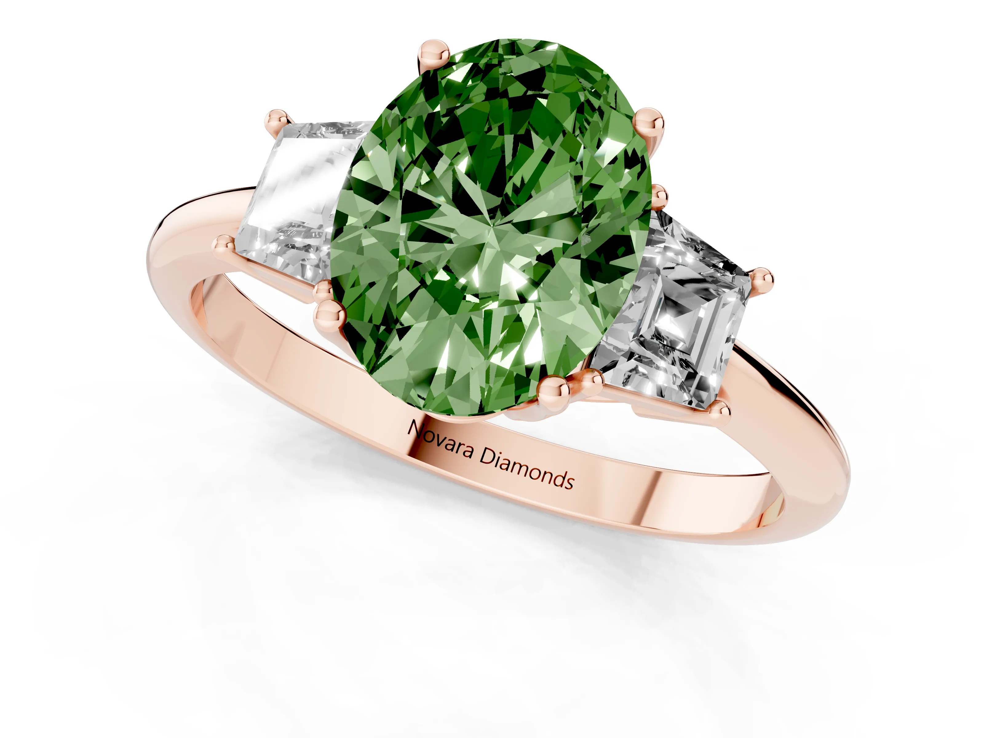 Fancy Green Oval Cut Diamond Three-Stone Ring Set in Rose gold with Trapezoid Side Stones and Prong Setting