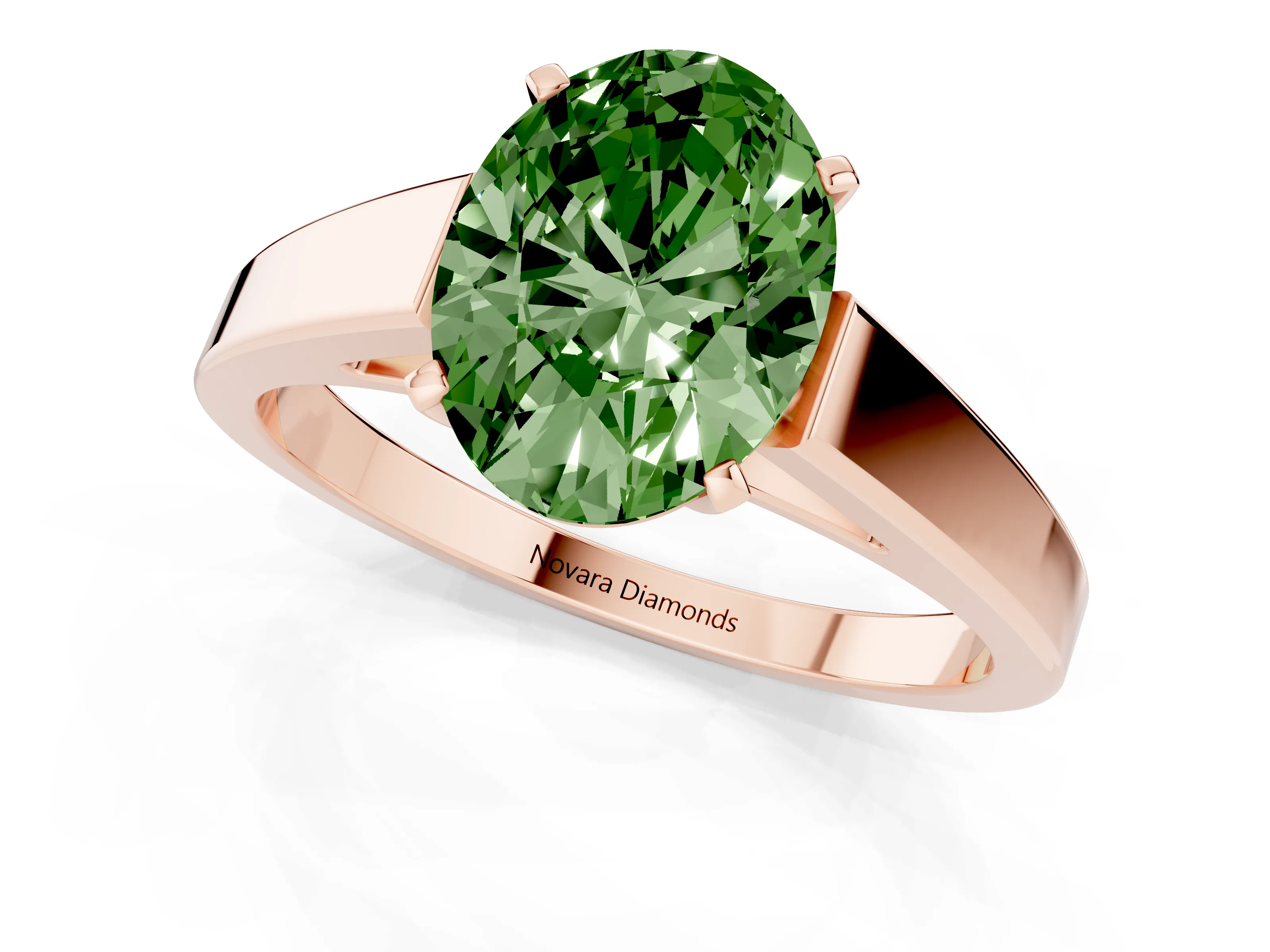 Fancy Green Oval Cut Diamond Solitaire Engagement Ring Set in Rose gold with Prong Setting and Tapered Band