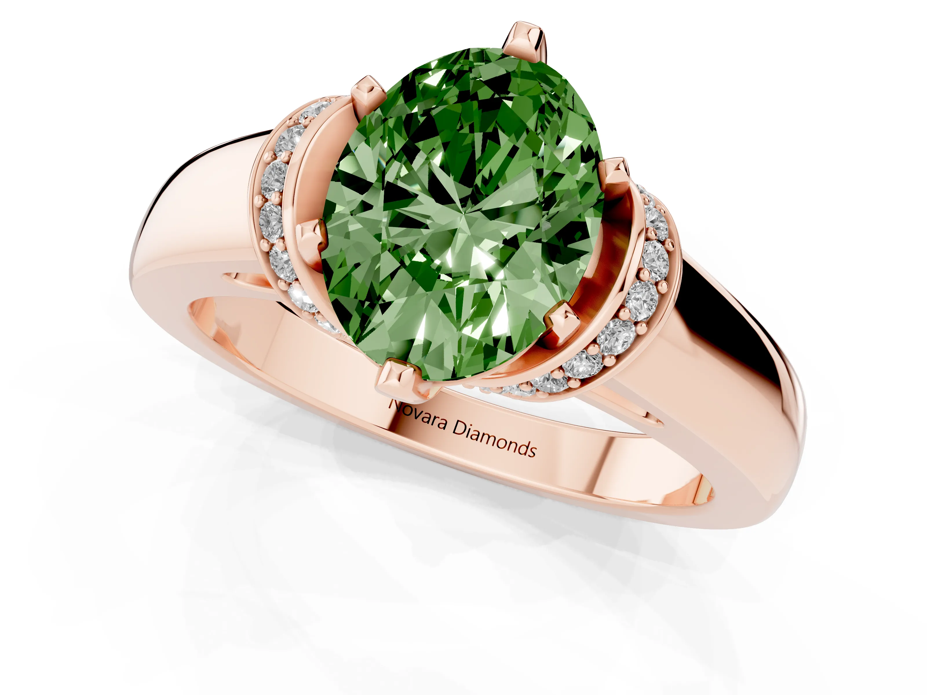 Fancy Green Oval Cut Diamond Pavé Band Solitaire Ring Set in Rose gold with Prong Setting