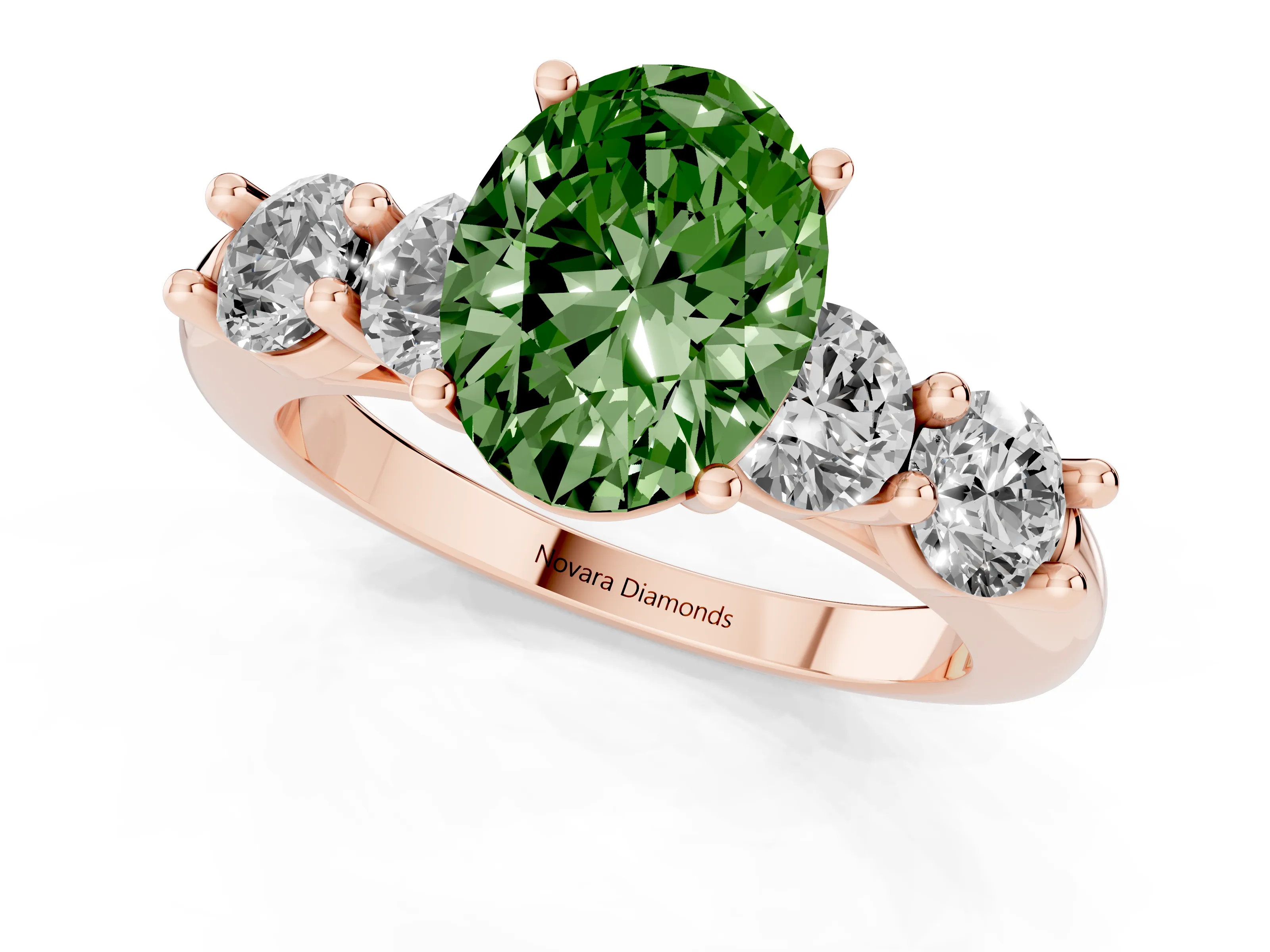 Fancy Green Oval Cut Diamond Five-Stone Prong Set Ring Set in Rose gold with Classic Band