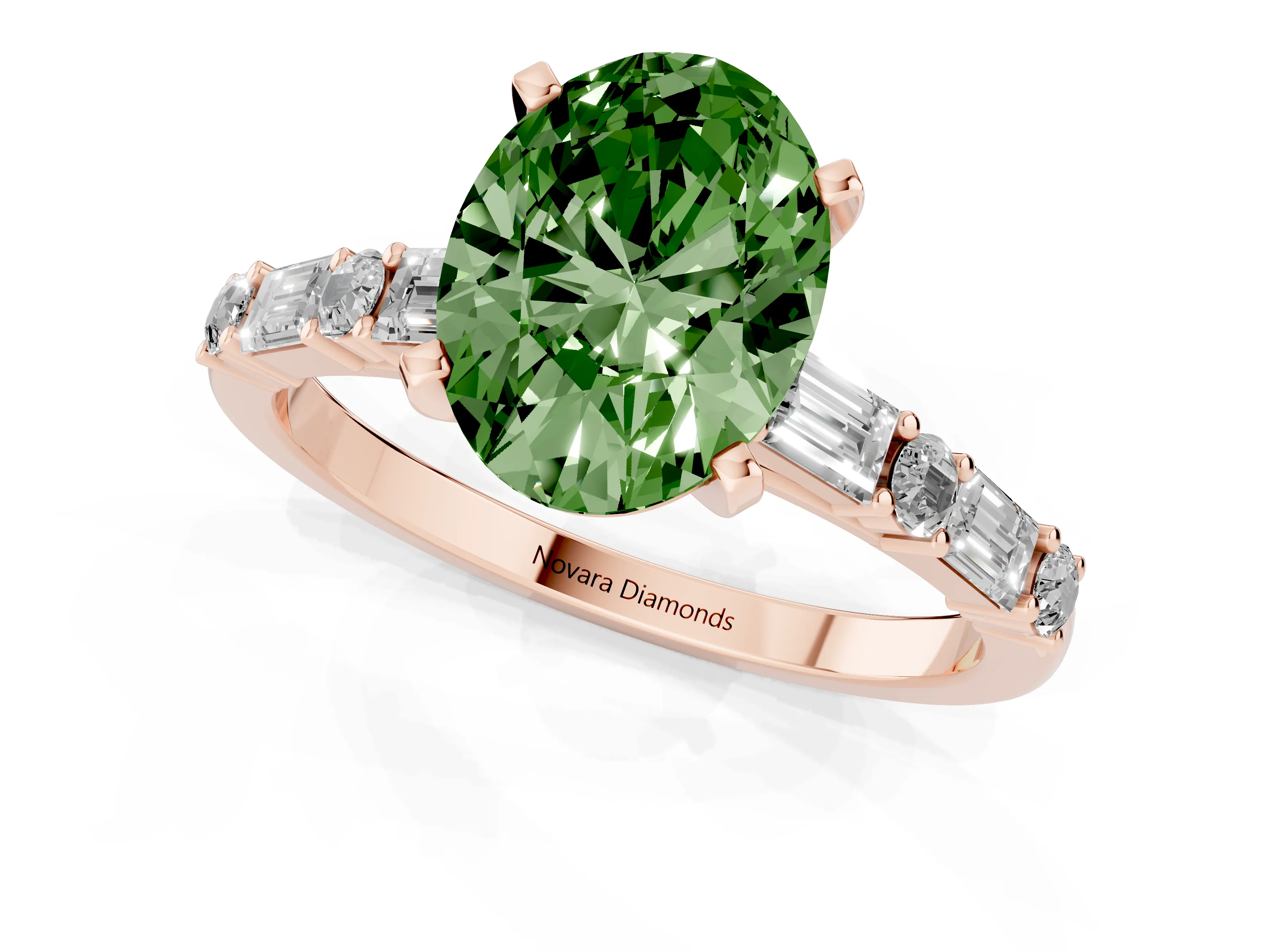 Fancy Green Oval Cut Diamond Solitaire Set in Rose gold with Side Baguettes and Channel Set Band