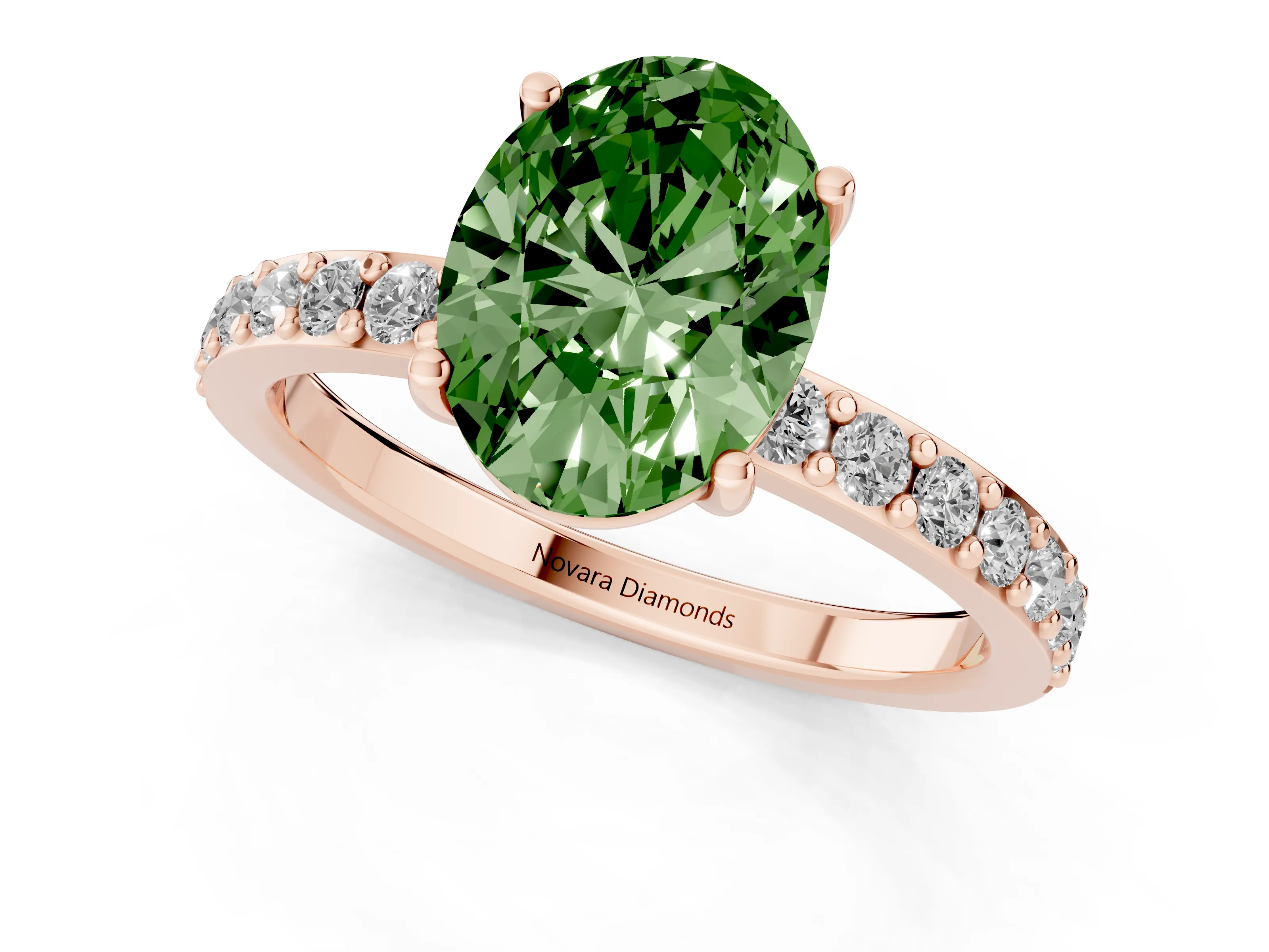 Fancy Green Oval Cut Diamond Solitaire Set in Rose gold with Round Pavé Band and Prong Setting