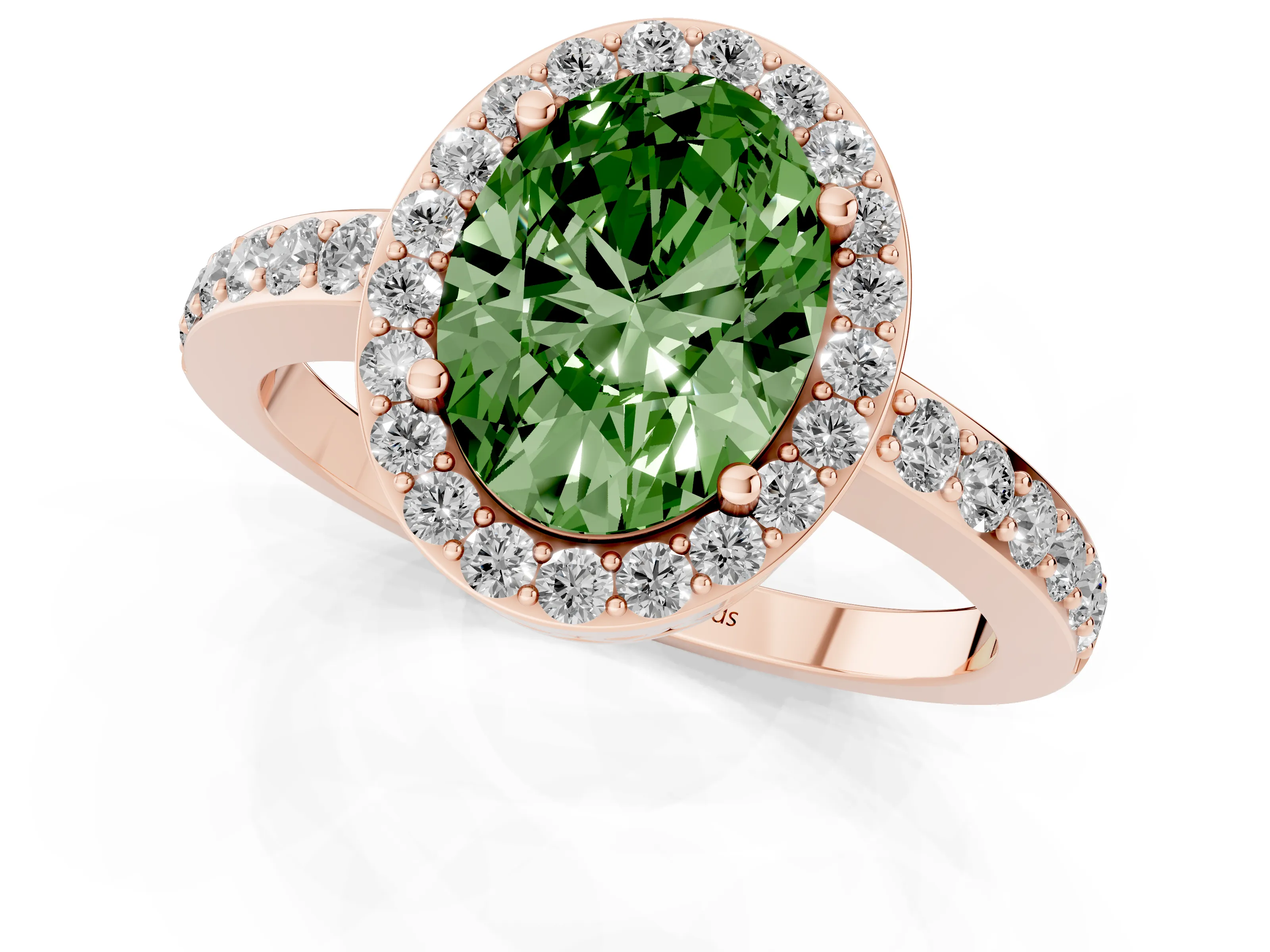 Fancy Green Oval Cut Diamond Halo Ring Set in Rose gold with Pavé-Setting Band and Open Prong Center