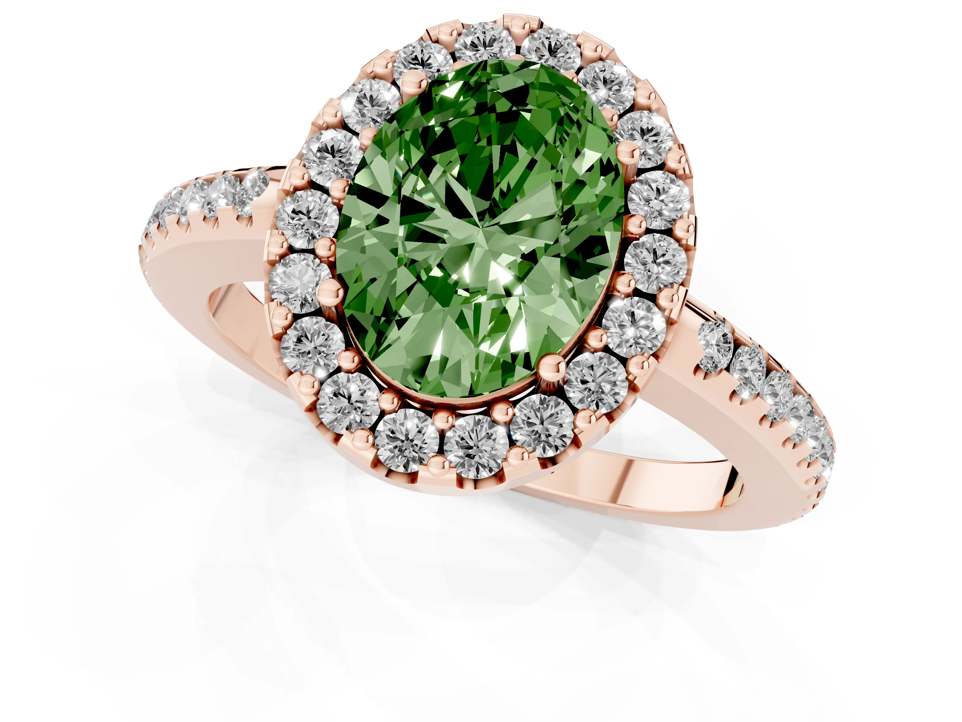 Fancy Green Oval Cut Diamond Pavé Halo Ring Set in Rose gold with Prong Setting
