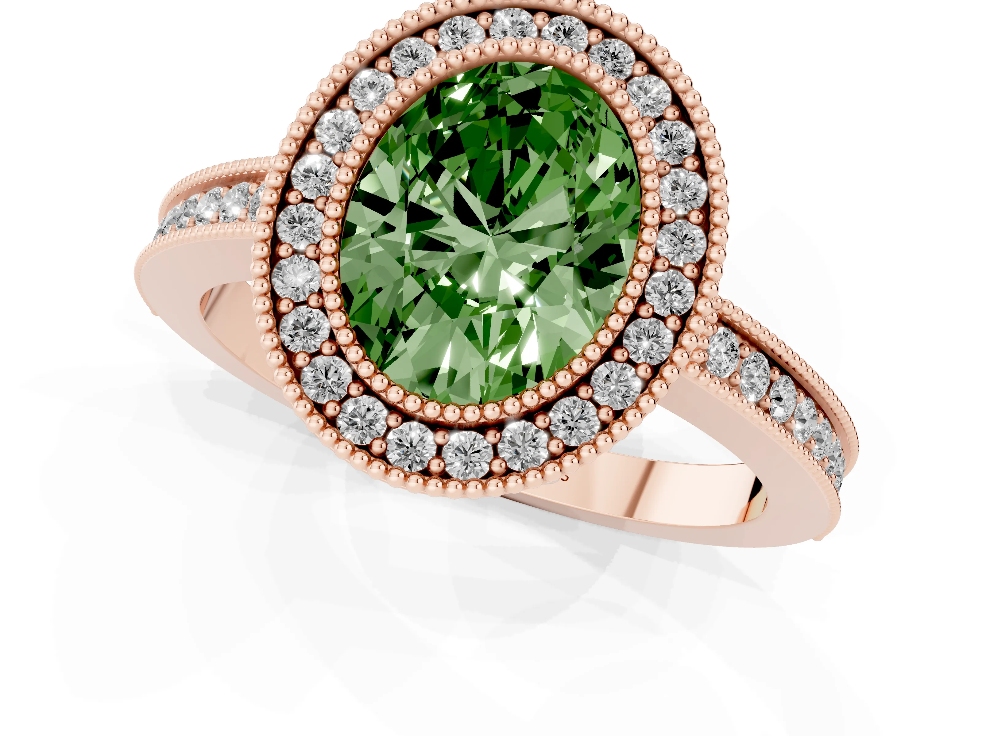 Fancy Green Oval Cut Diamond Halo Ring Set in Rose gold with Pavé Band and Milgrain-Edged Prongs