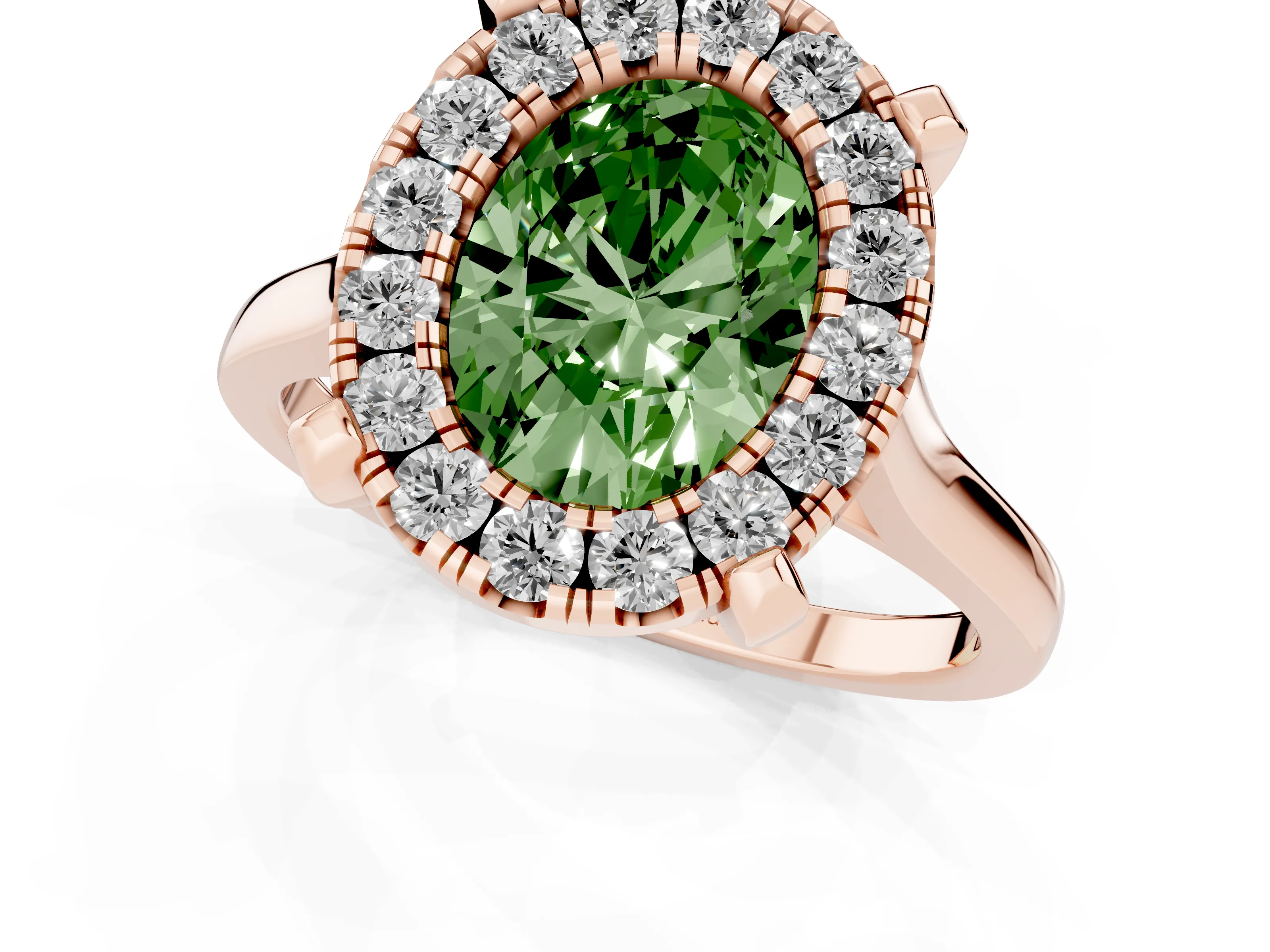 Fancy Green Oval Cut Diamond Cluster Halo Solitaire Ring Set in Rose gold with Prong Setting