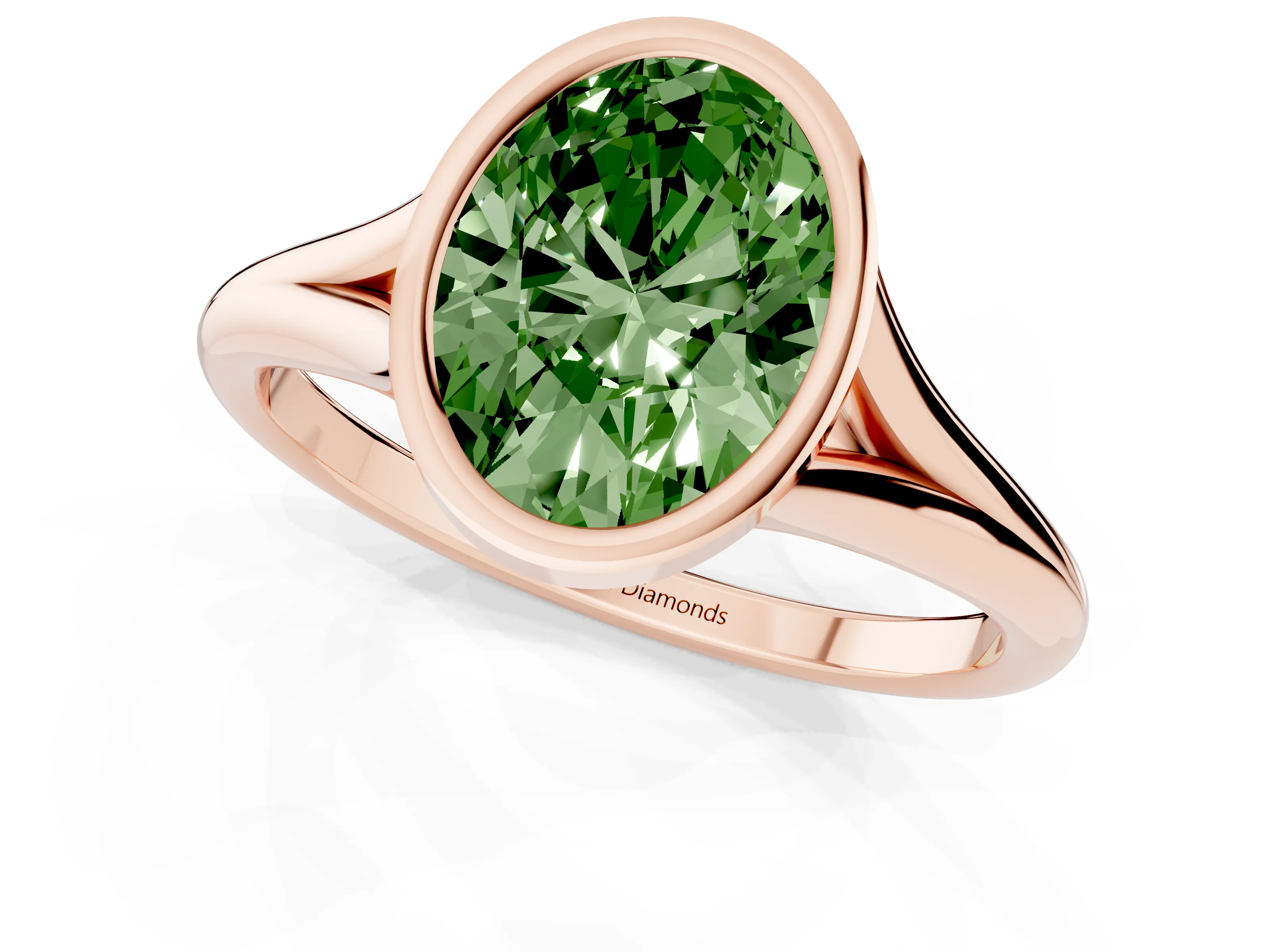 Fancy Green Bezel Set Oval Cut Diamond Solitaire Ring Set in Rose gold with Tapered Band