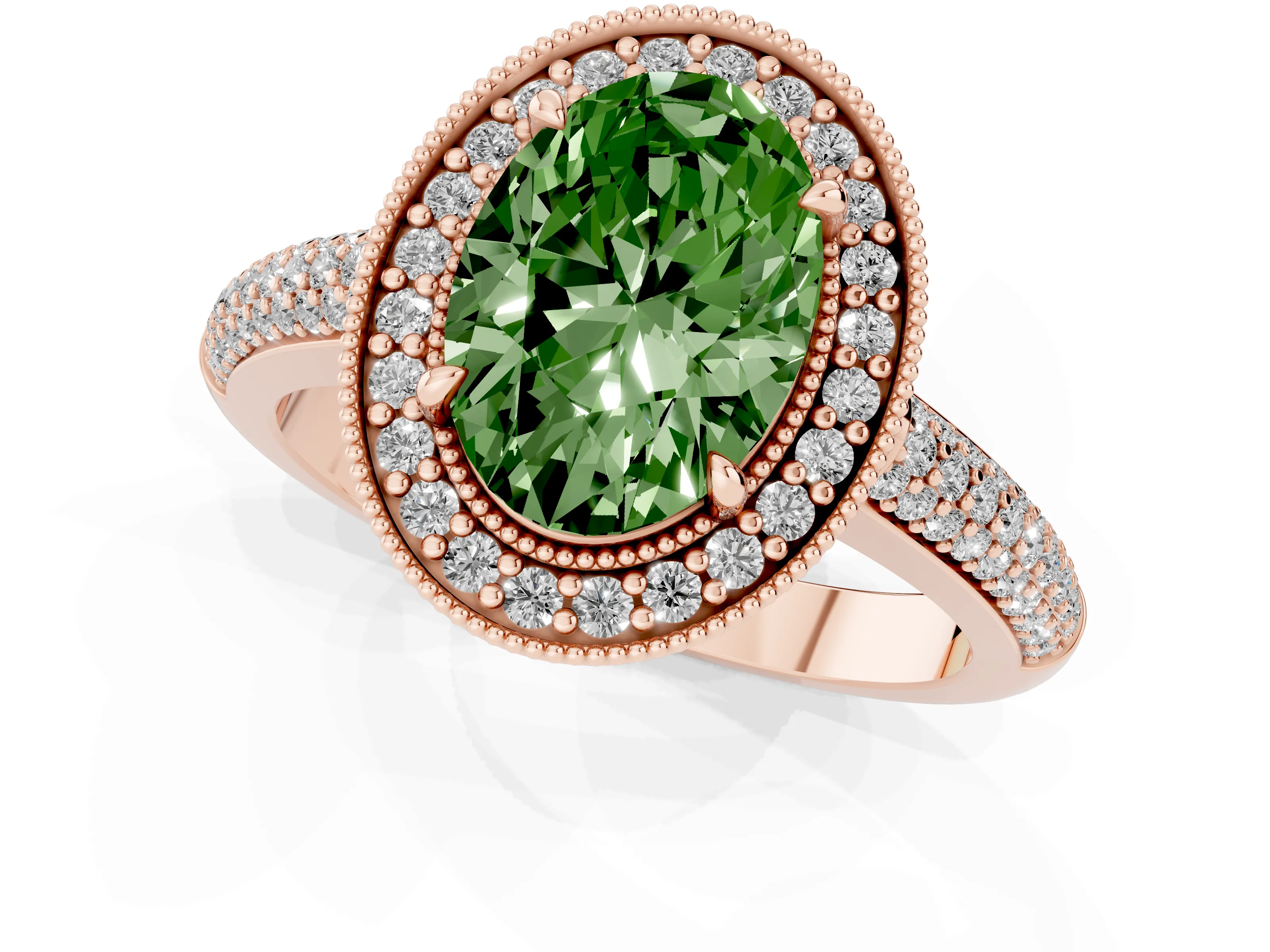 Fancy Green Oval Cut Diamond Halo Pavé Band Set in Rose gold with Prong Setting