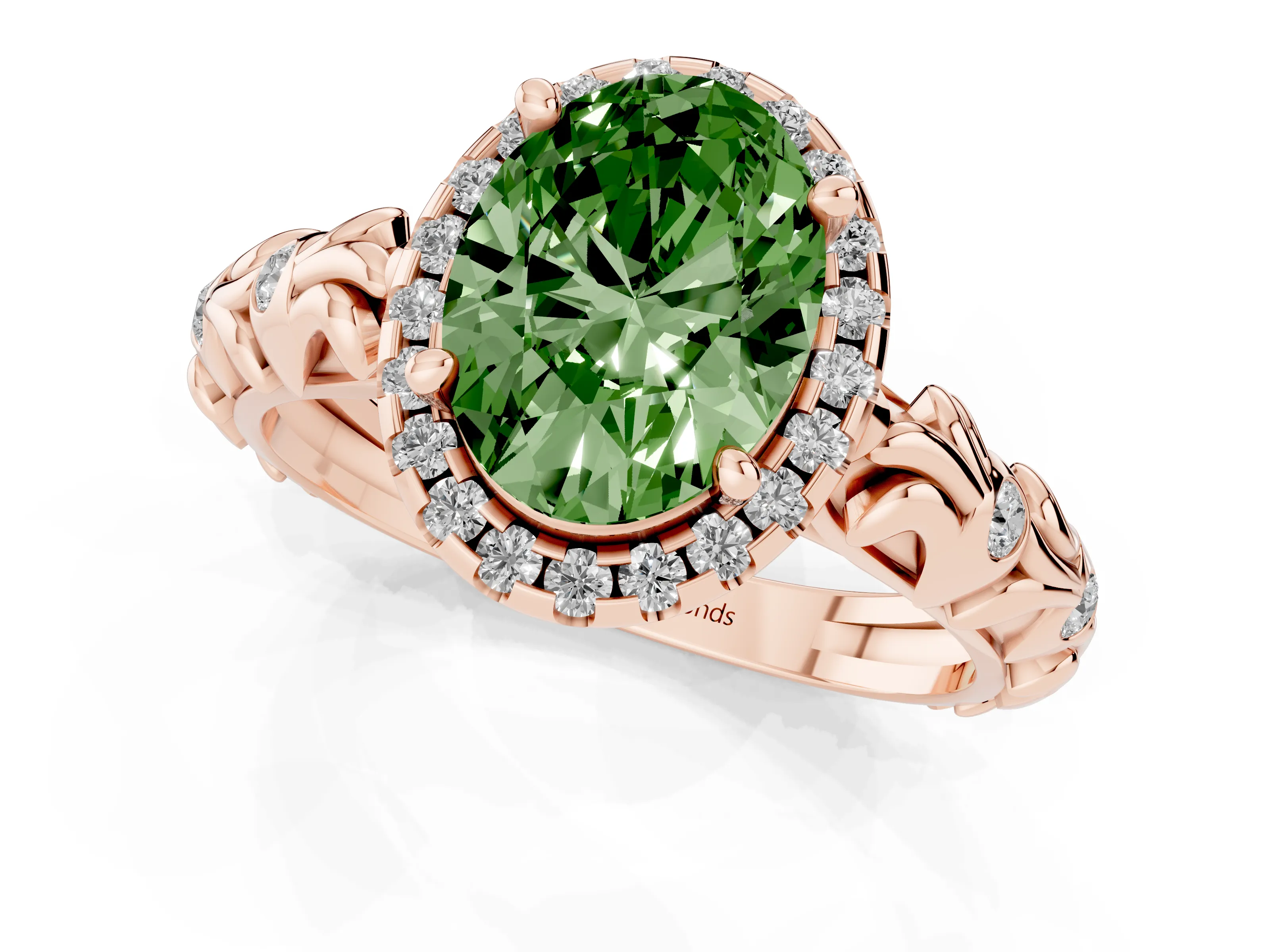 Fancy Green Oval Cut Diamond Halo Ring Set in Rose gold with Filigree Leaf Band and Prong Setting