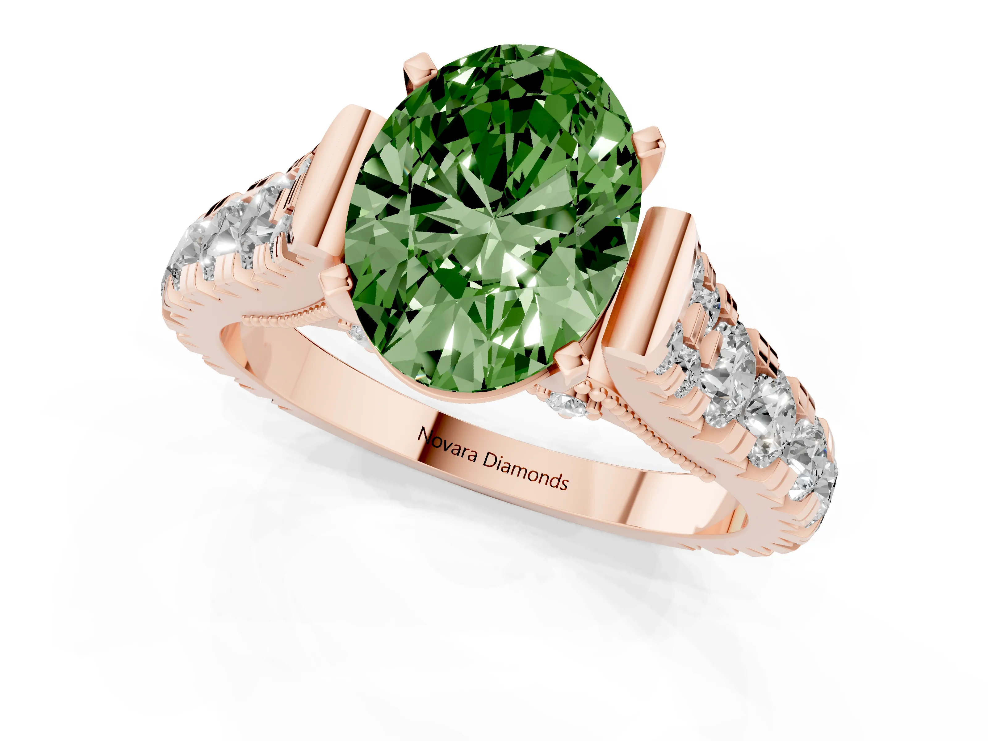 Fancy Green Oval Cut Diamond Classic Solitaire Ring Set in Rose gold with Pavé Band and Prong Setting