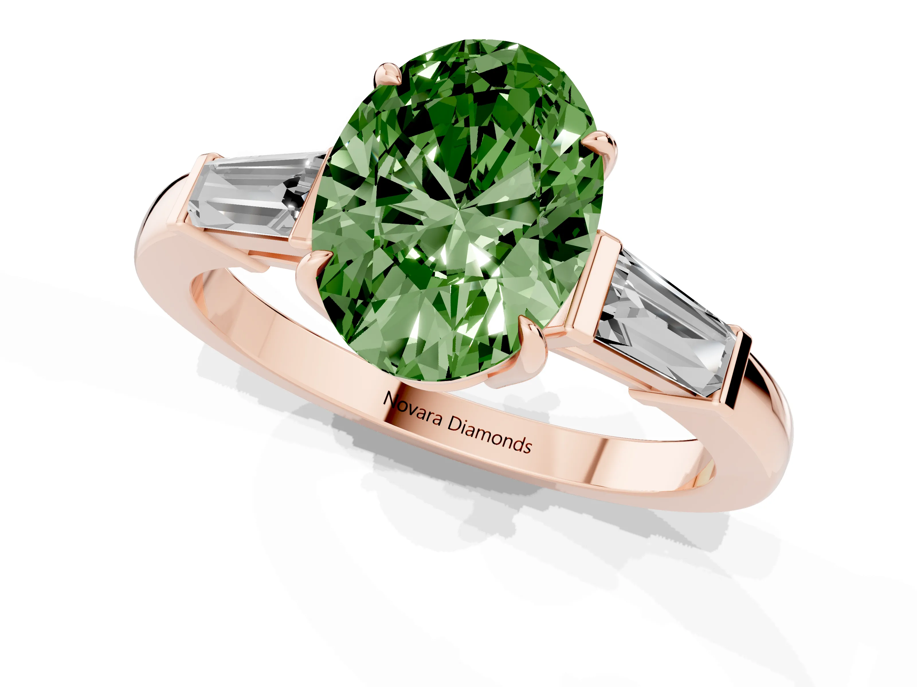 Fancy Green Oval Cut Diamond Three-Stone Ring Set in Rose gold with Tapered Baguette Side Stones and Prong Setting