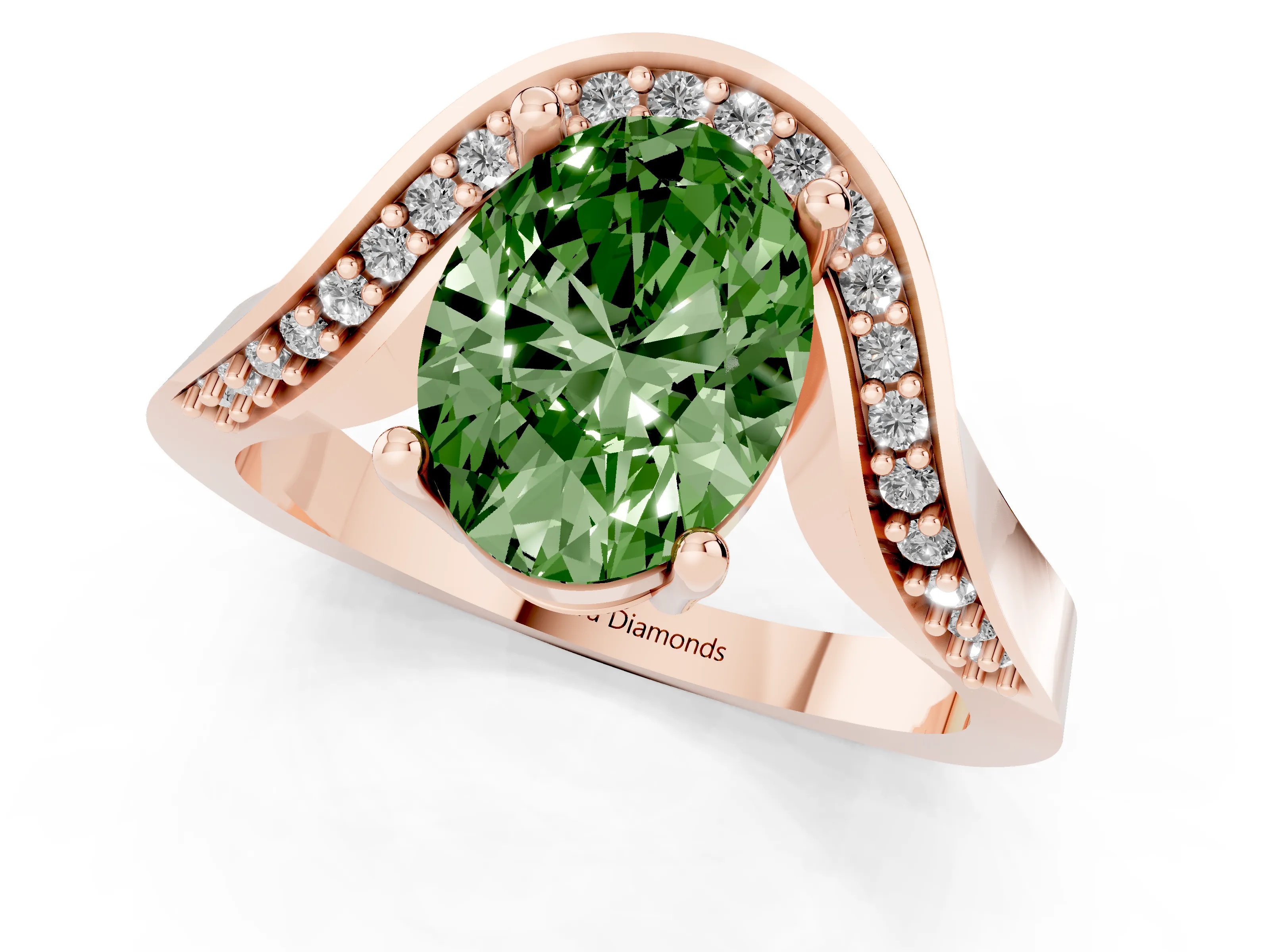 Fancy Green Oval Cut Diamond Solitaire Engagement Ring Set in Rose gold with Pavé Shoulders