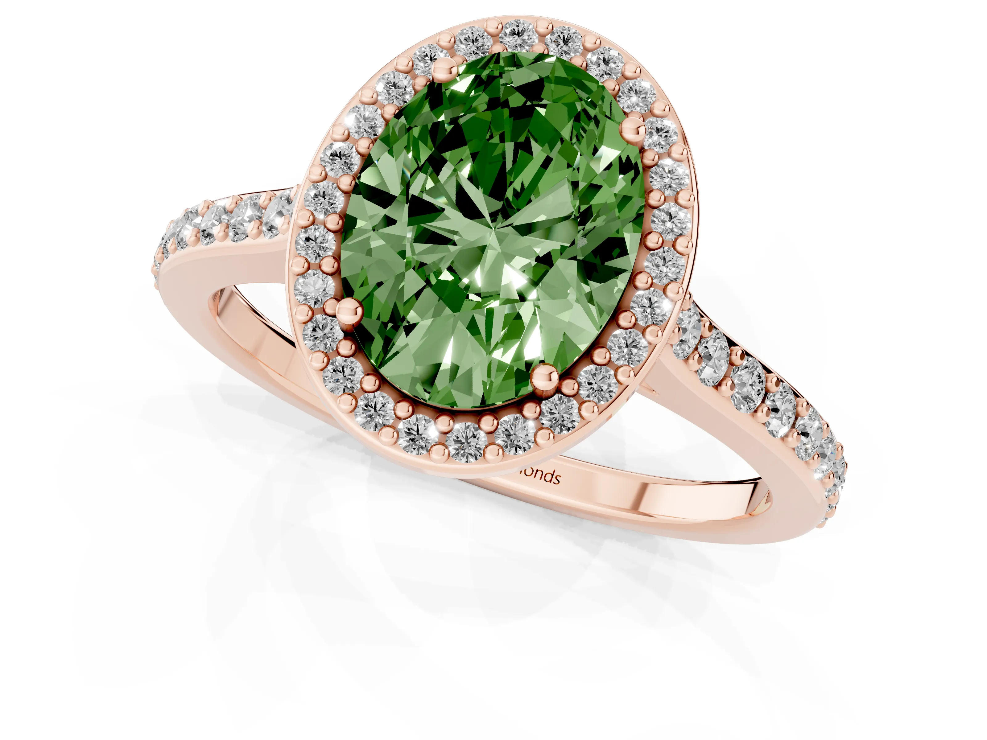 Fancy Green Oval Cut Diamond Halo Engagement Ring Set in Rose gold with Round Pavé Shoulders and Heart Gallery