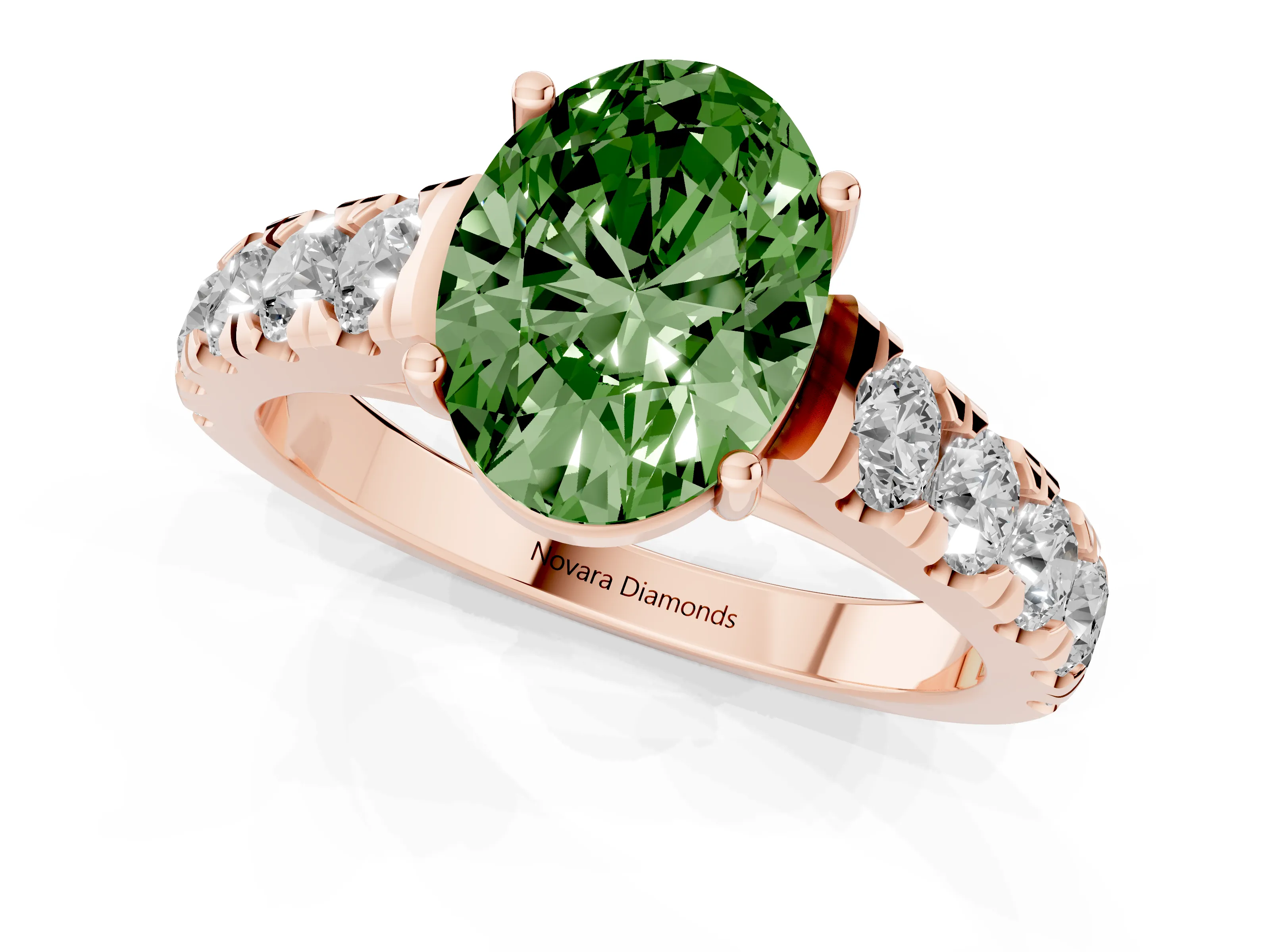 Fancy Green Oval Cut Diamond Solitaire Ring Set in Rose gold with Cut-Down Micro Pavé Band and Prong Setting