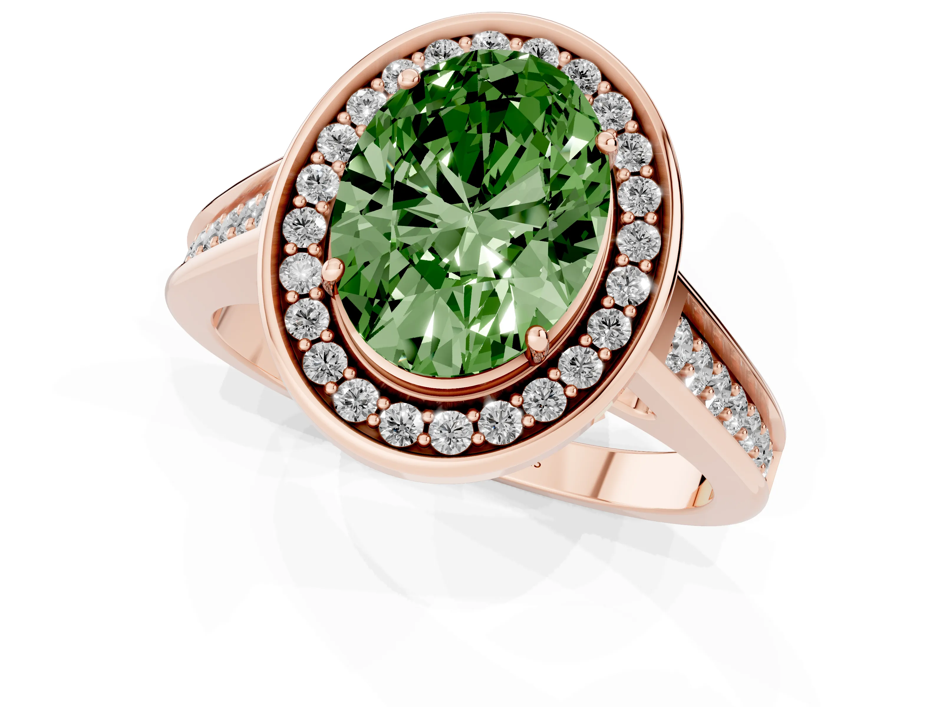 Fancy Green Oval Cut Diamond Halo Solitaire Ring Set in Rose gold with Pavé Band and Bezel Setting