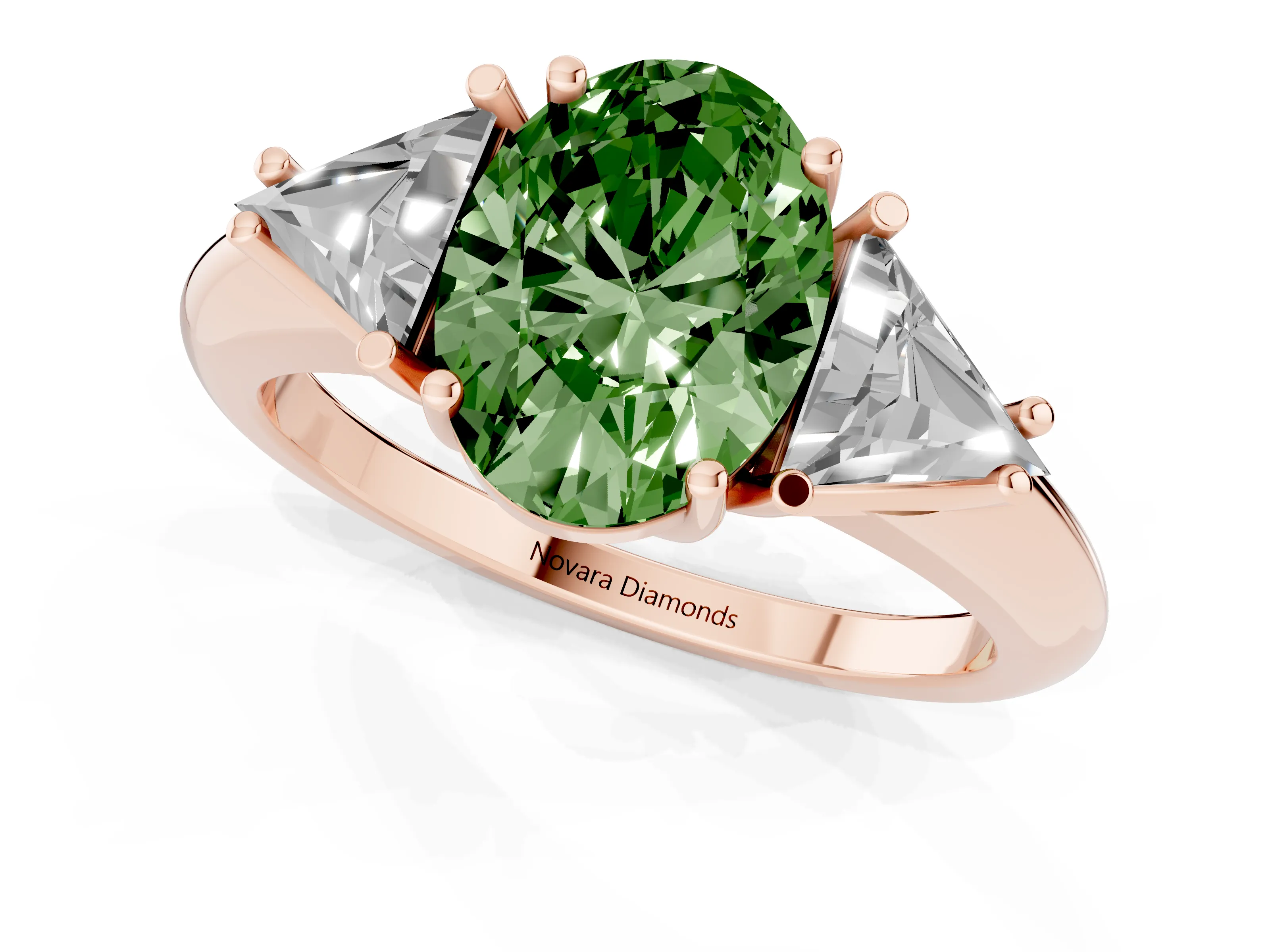 Fancy Green Oval Cut Diamond Three-Stone Engagement Ring Set in Rose gold with Trillion Side Stones