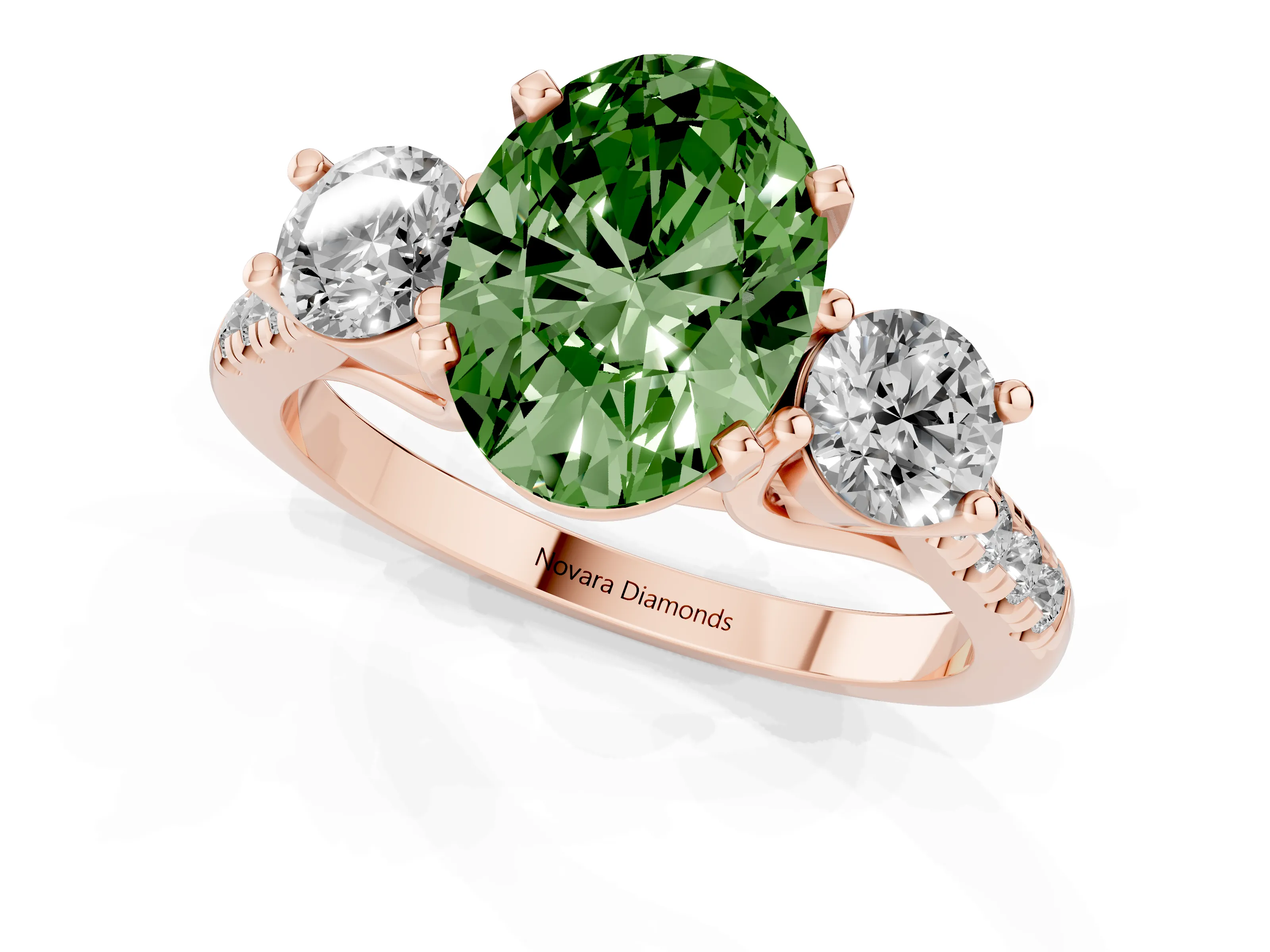 Fancy Green Three-Stone Oval Cut Diamond Pavé Band Ring Set in Rose gold with Prong-Set Trio