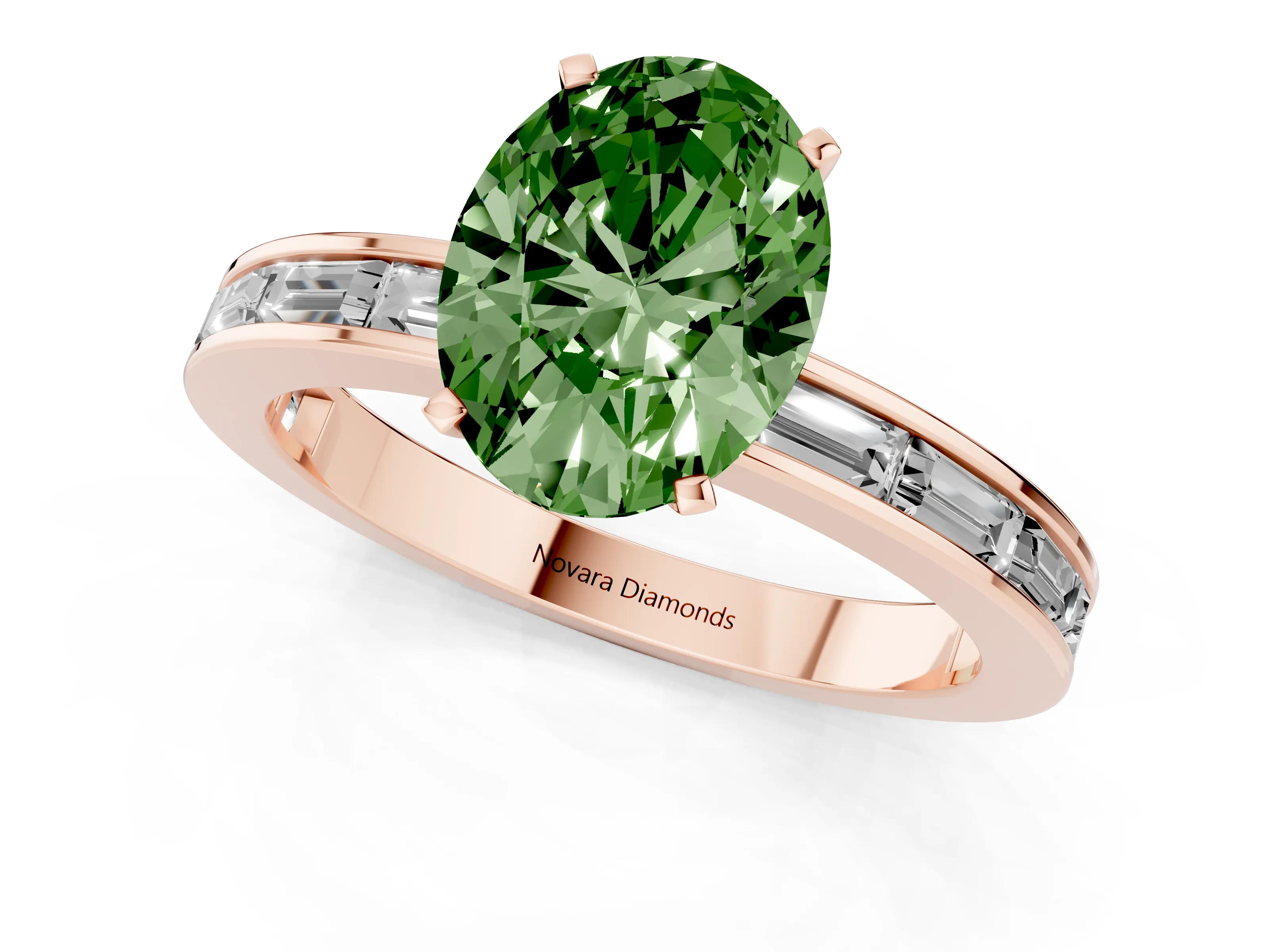 Fancy Green Oval Cut Diamond Solitaire Ring Set in Rose gold with Channel-Set Baguette Band and Prong Setting