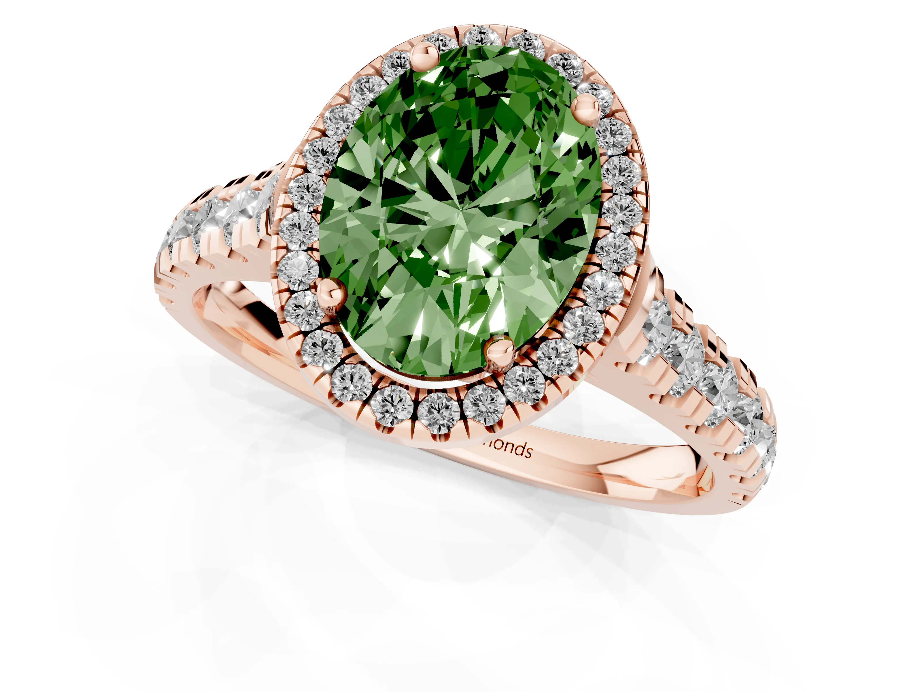 Fancy Green Oval Cut Diamond Halo Engagement Ring Set in Rose gold with Pavé Band and Prong-Set Center