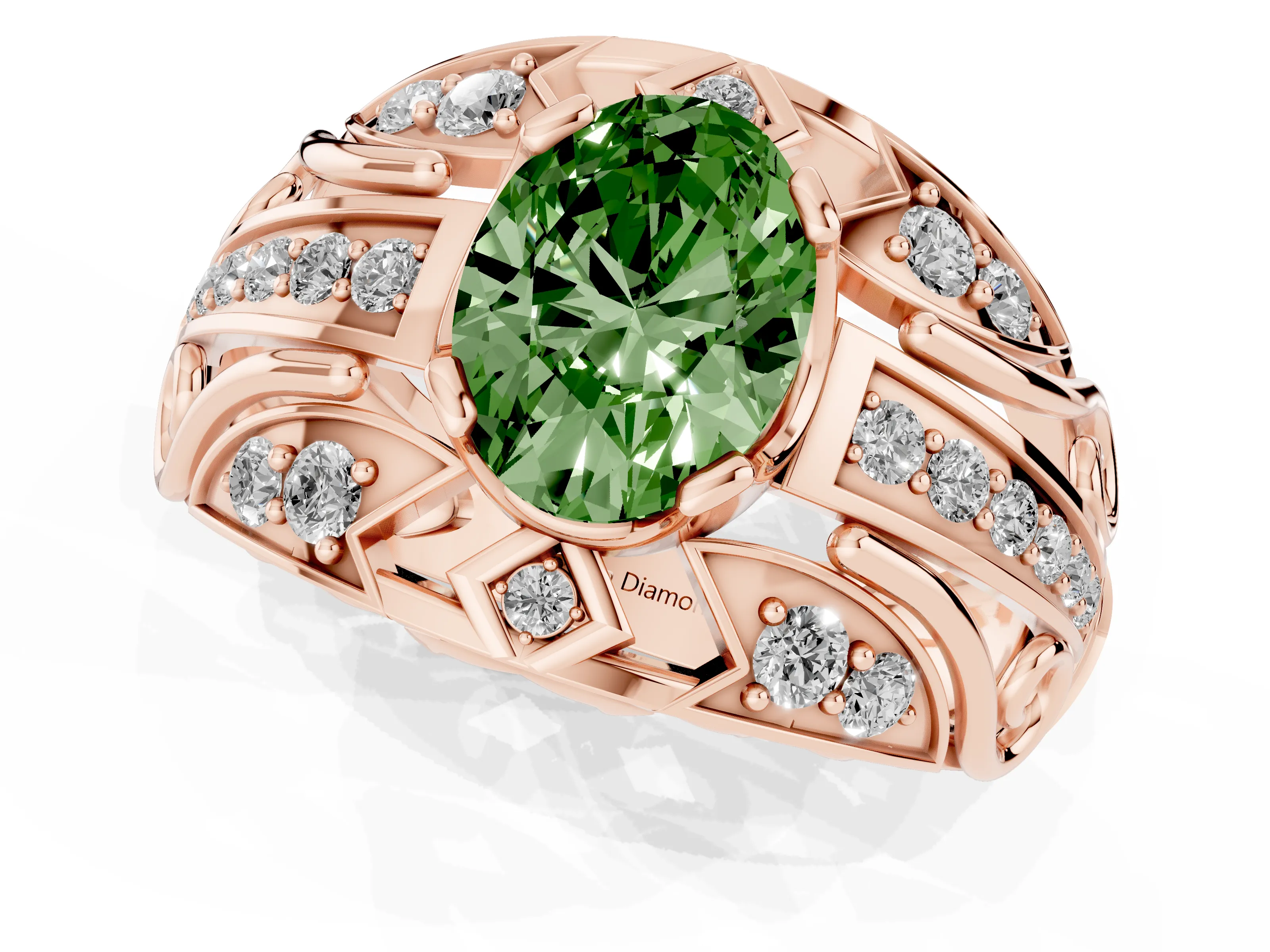 Fancy Green Oval Cut Diamond Art Deco Ring Set in Rose gold with Pavé Split Shank