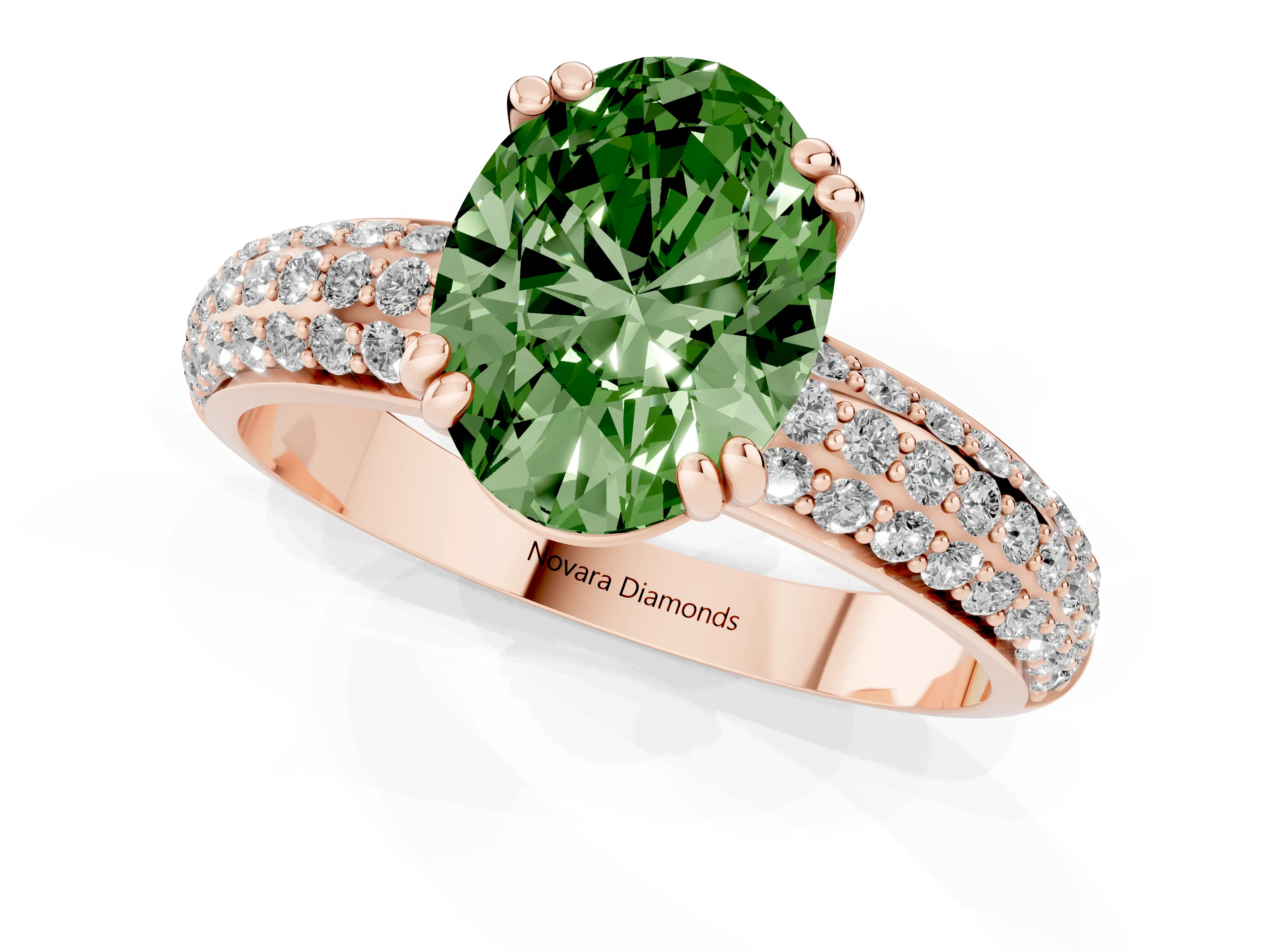 Fancy Green Oval Cut Diamond Solitaire Ring Set in Rose gold with Multi-Row Round Pavé Band and Prong Setting