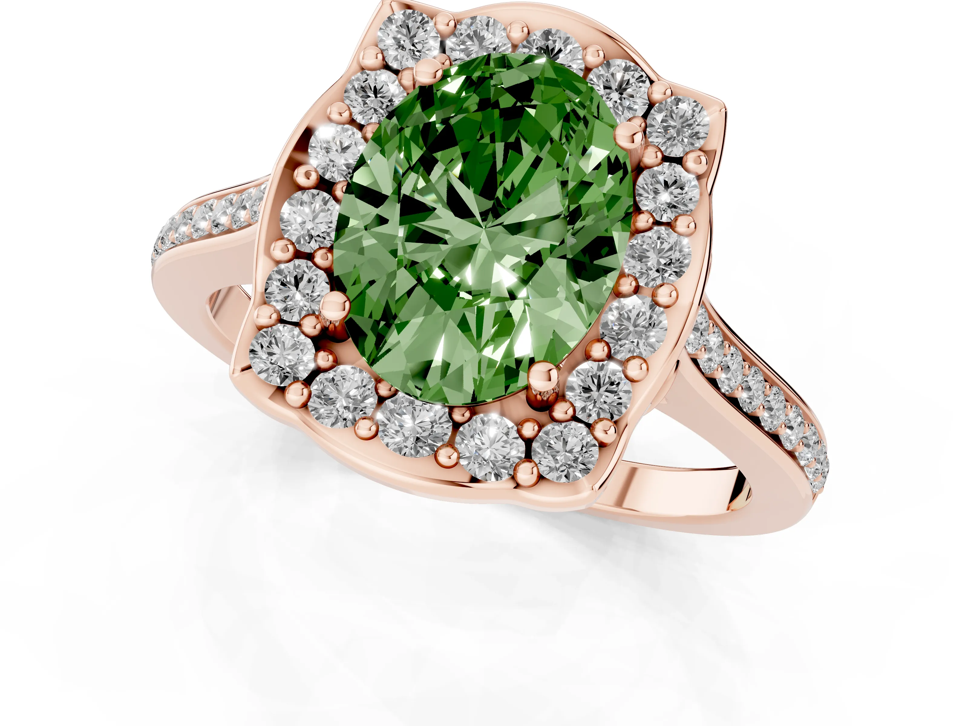 Fancy Green Oval Cut Diamond Halo Ring Set in Rose gold with Pavé-Lined Shoulders and Prong Setting