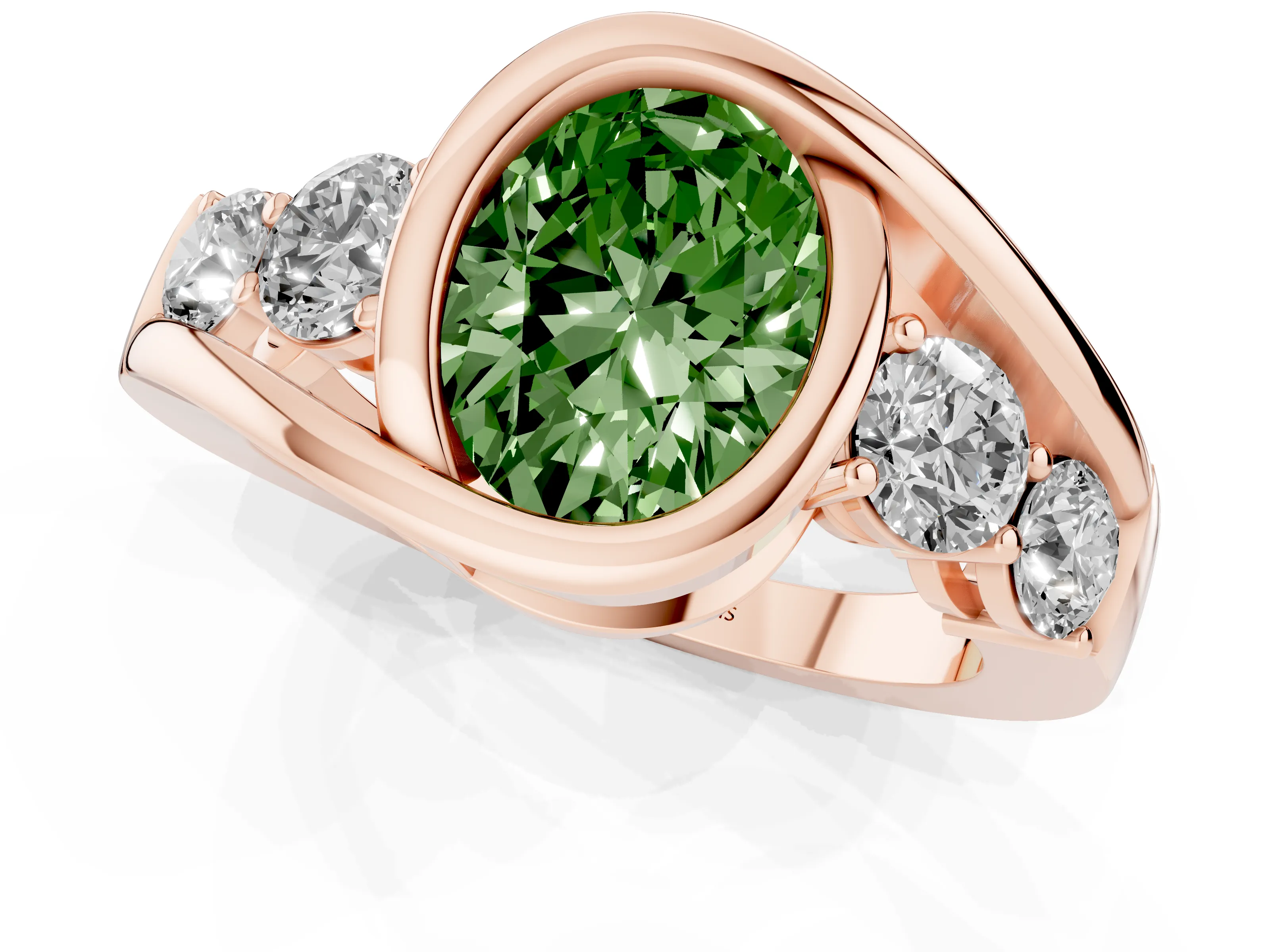 Fancy Green Oval Cut Diamond Bezel Bypass Ring Set in Rose gold with Round Accents