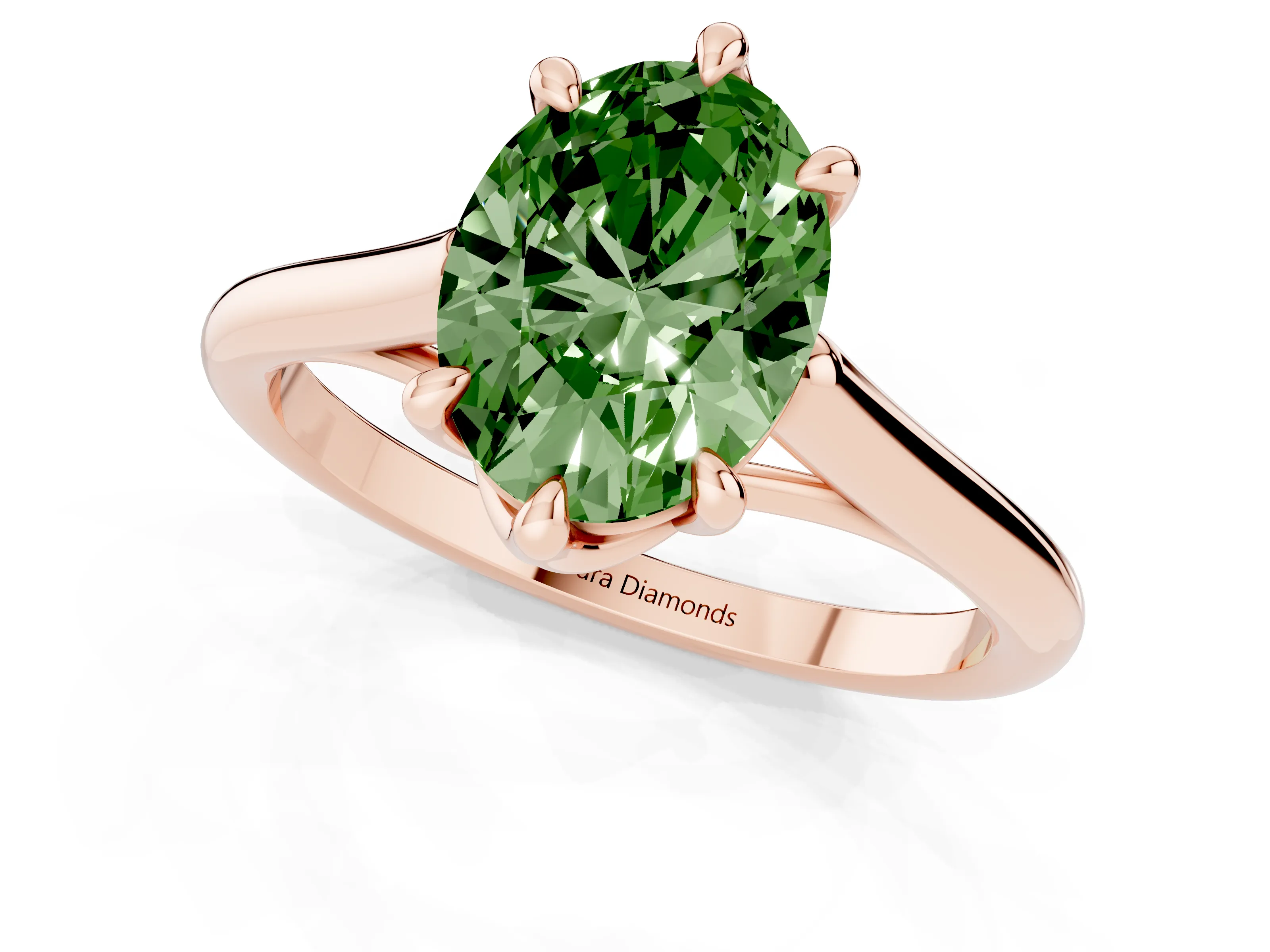 Fancy Green Oval Cut Diamond Solitaire Engagement Ring Set in Rose gold with Prong Setting and Plain Classic Band