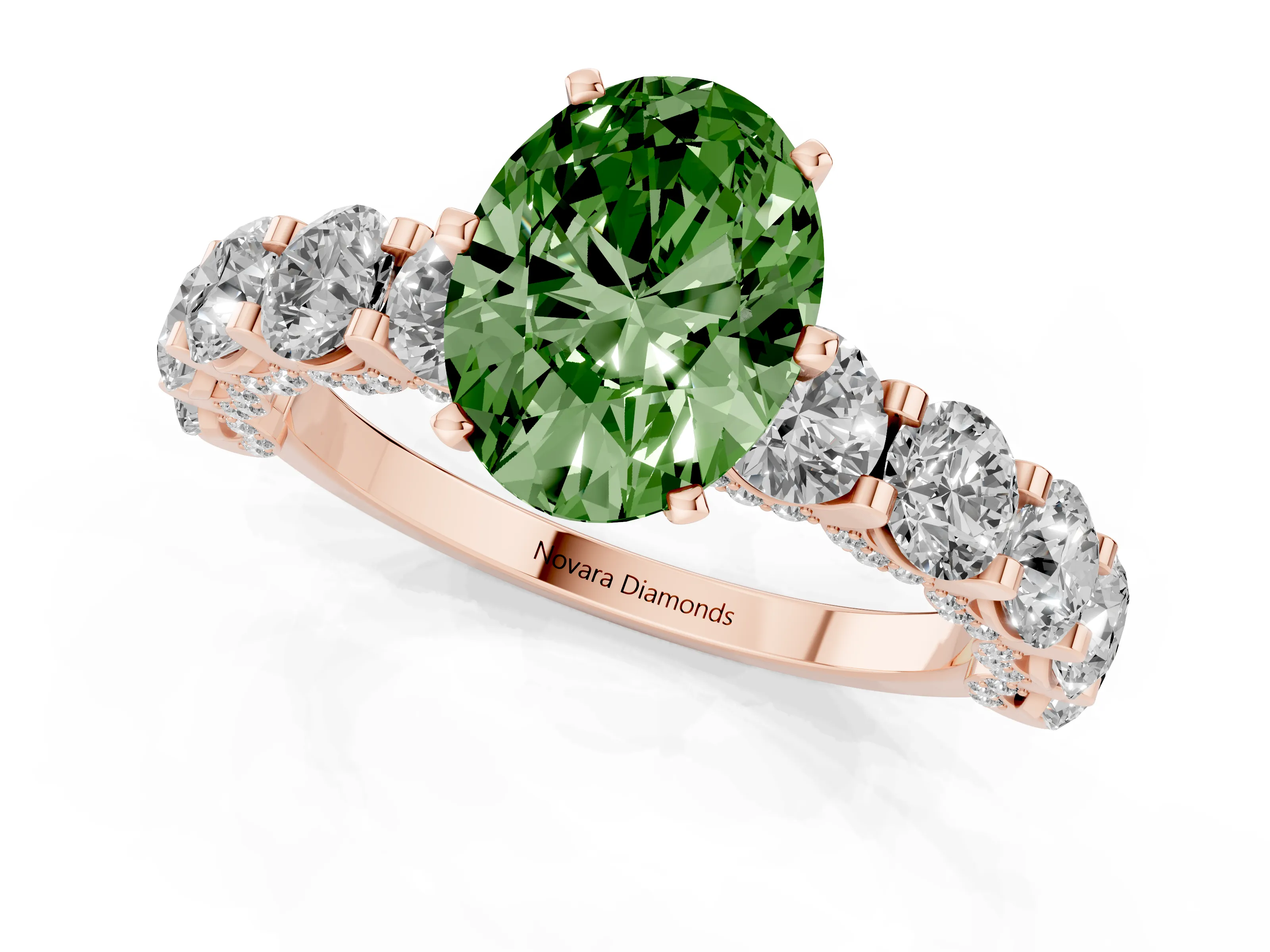 Fancy Green Oval Cut Diamond Side Stone Ring Set in Rose gold with Alternating Round and Oval Side Stones