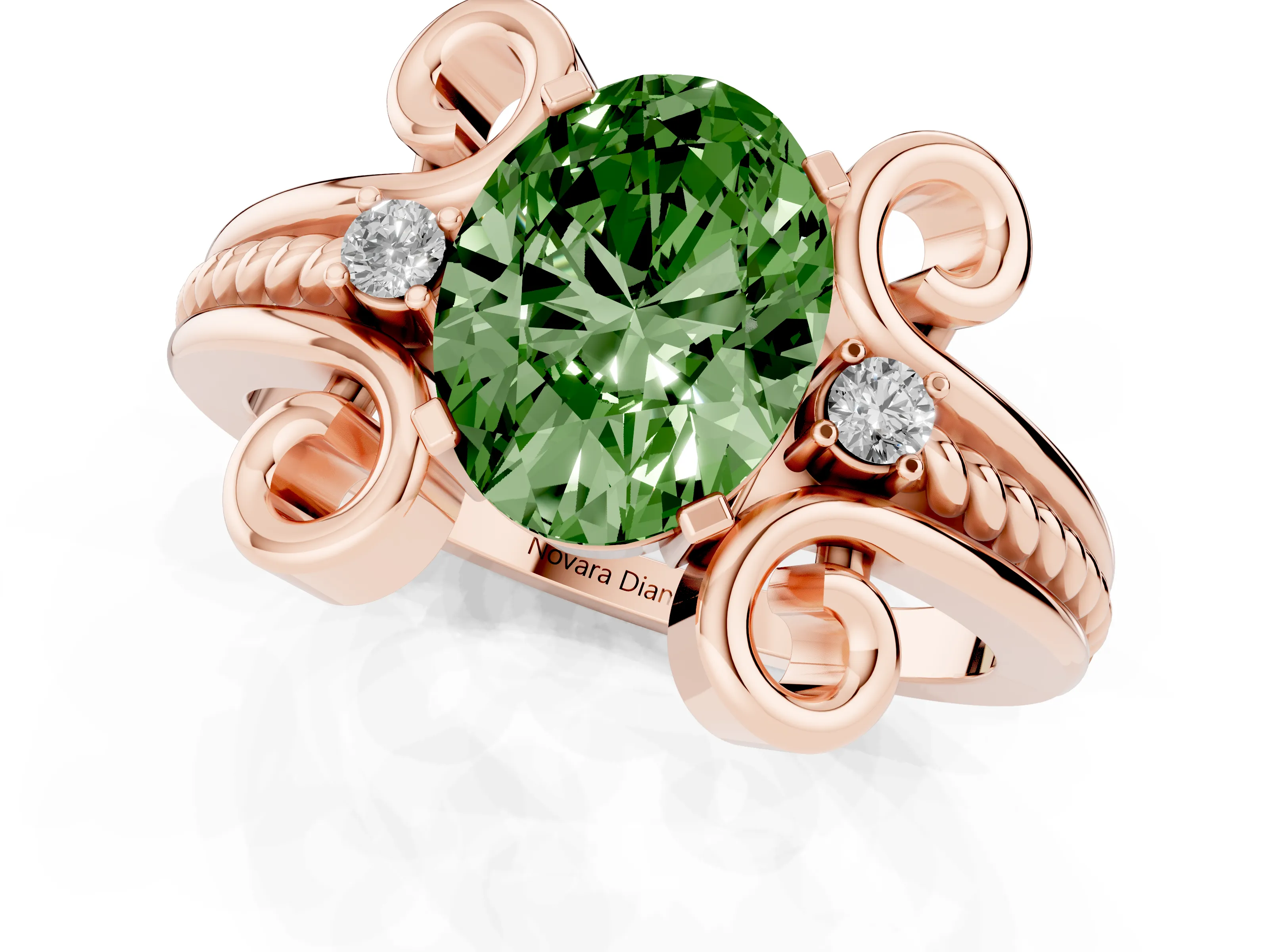 Fancy Green Oval Cut Diamond Twisted Band Solitaire Ring Set in Rose gold with Scroll Prongs