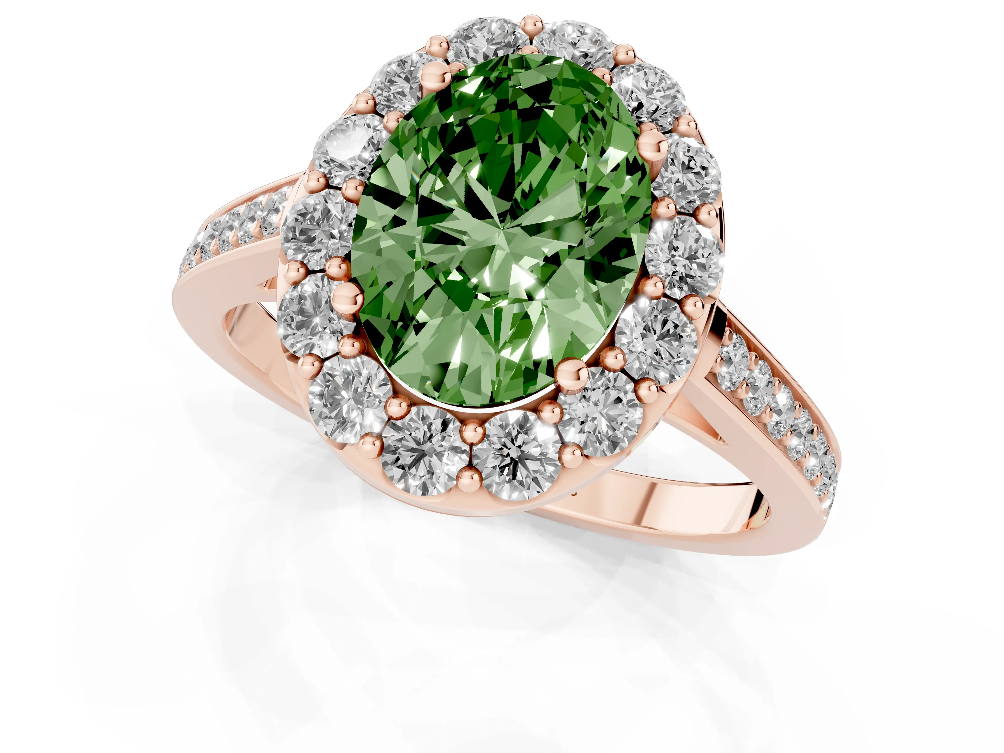 Fancy Green Oval Cut Diamond Floral Halo Ring Set in Rose gold with Pavé Band and Prong Setting