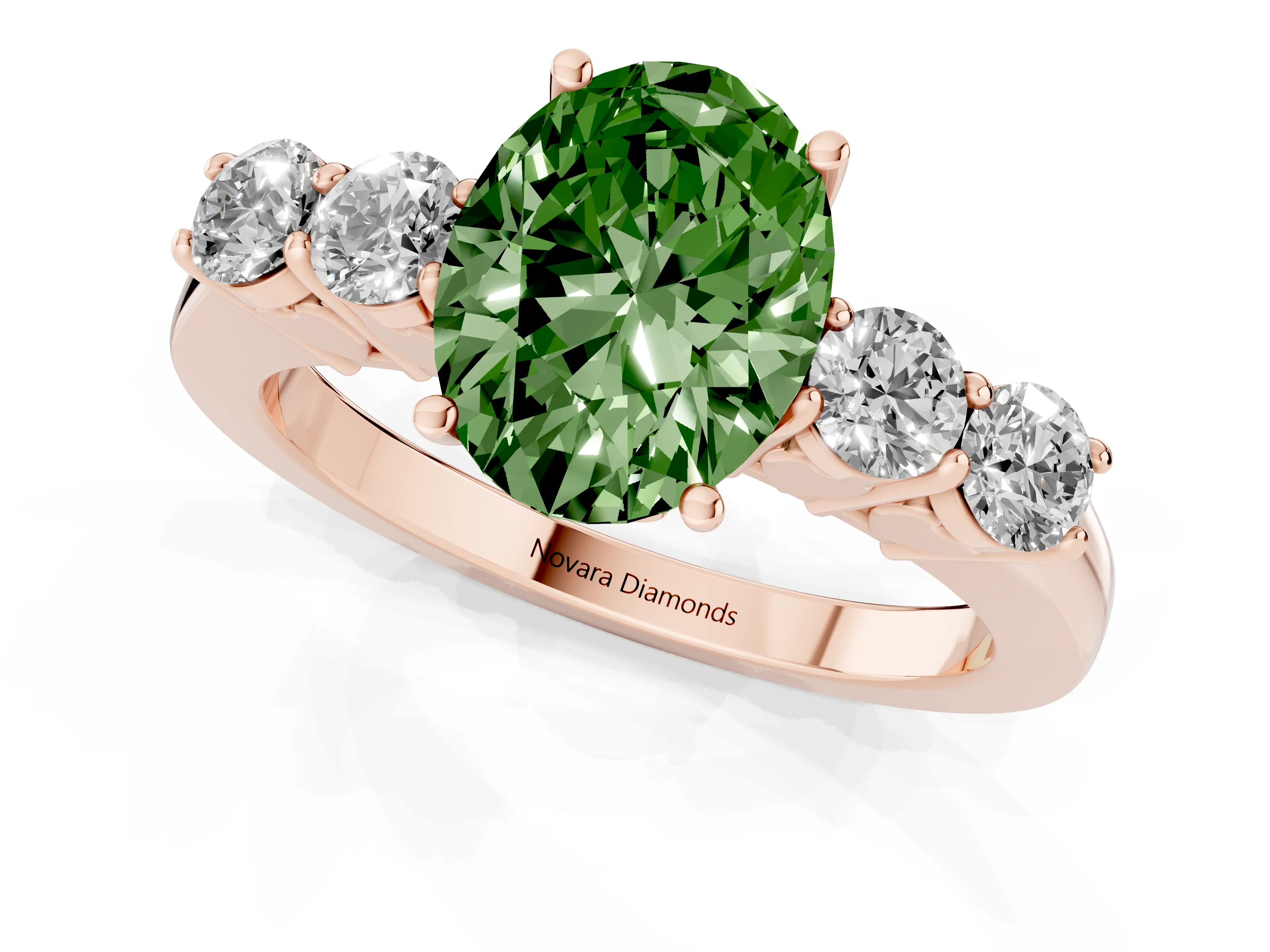Fancy Green Oval Cut Diamond Five-Stone Prong Set Band Ring Set in Rose gold with Polished Band