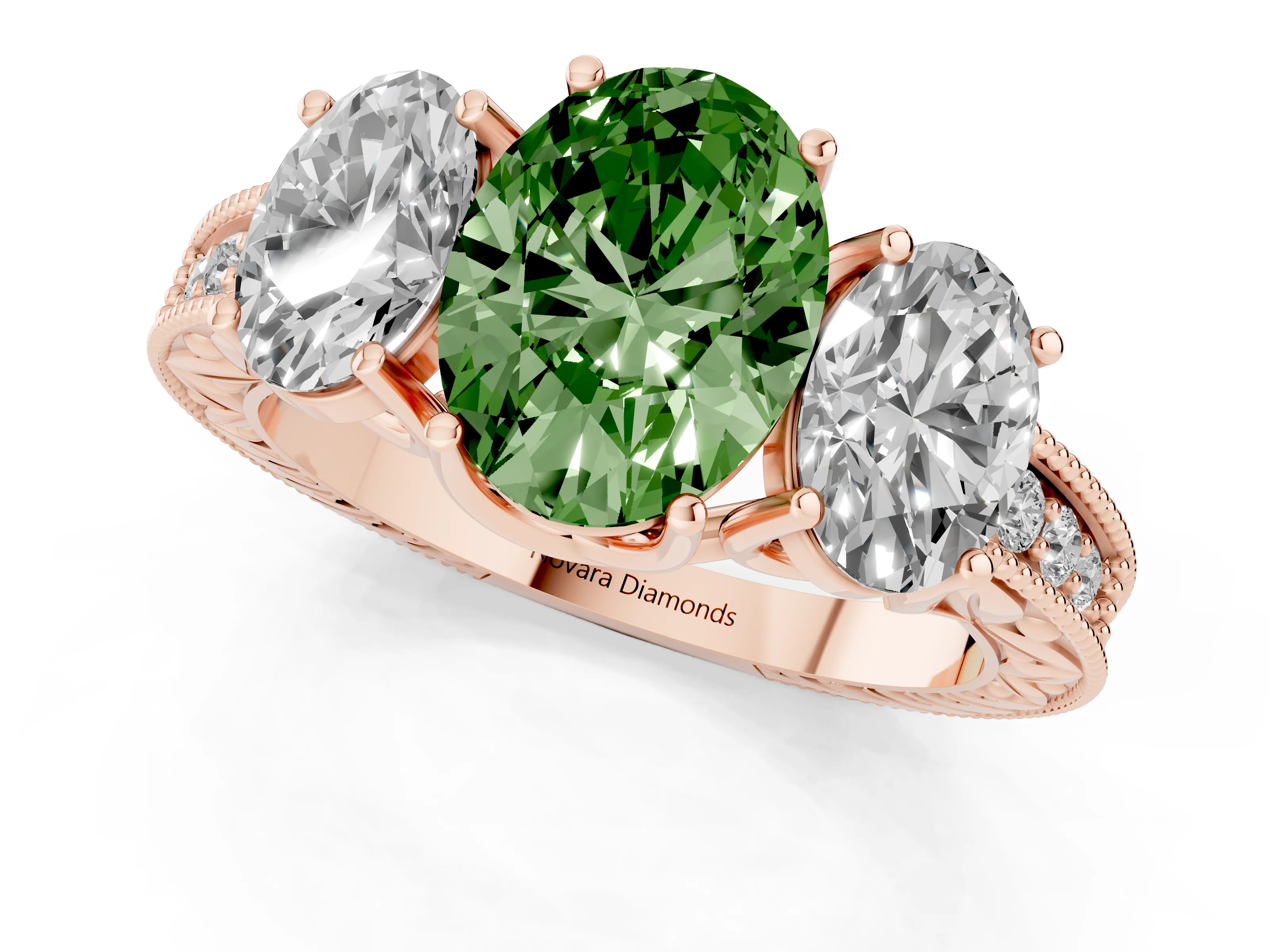 Fancy Green Oval Cut Diamond Three-Stone Engagement Ring Set in Rose gold with Milgrain Pavé Band