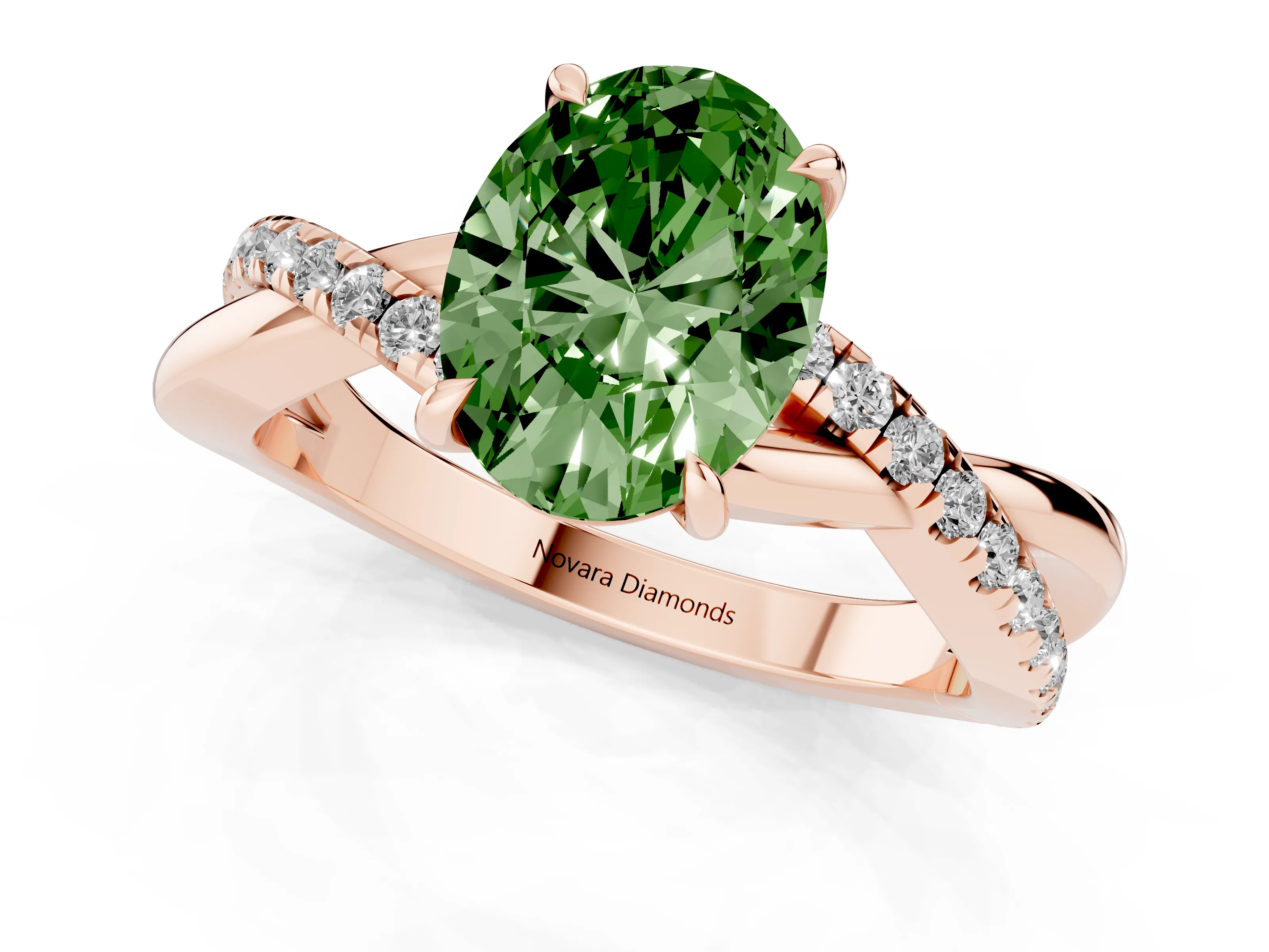 Fancy Green Oval Cut Diamond Twisted Pavé Band Ring Set in Rose gold with Prong Setting