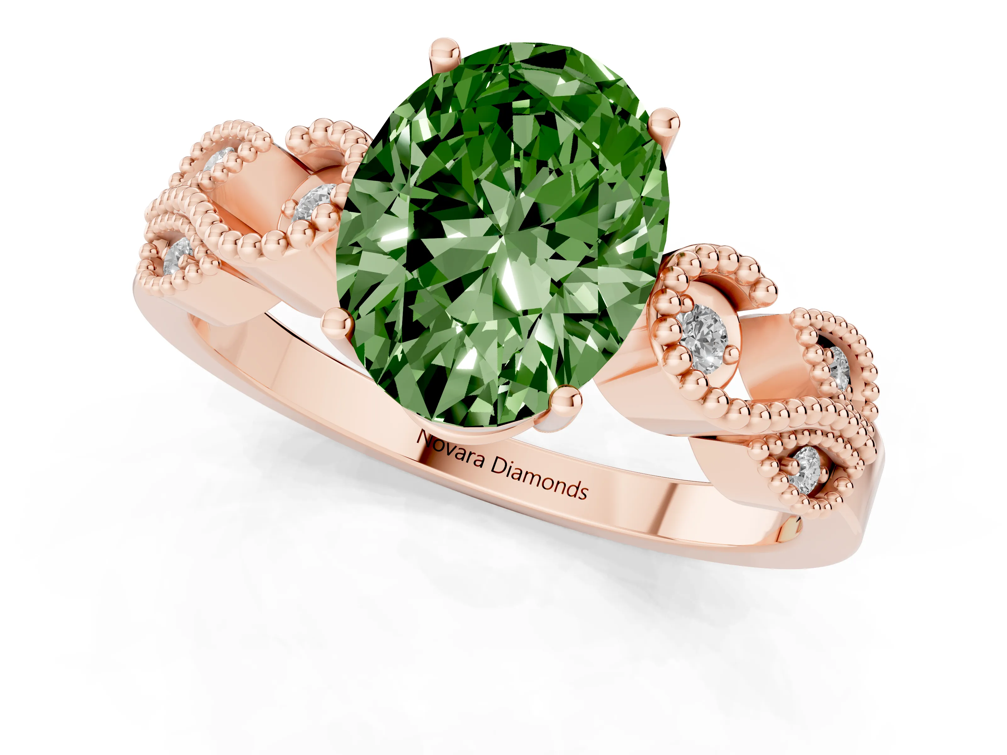 Fancy Green Oval Cut Diamond Milgrain Leaf Band Solitaire Ring Set in Rose gold with Accent Stones and Prong Setting