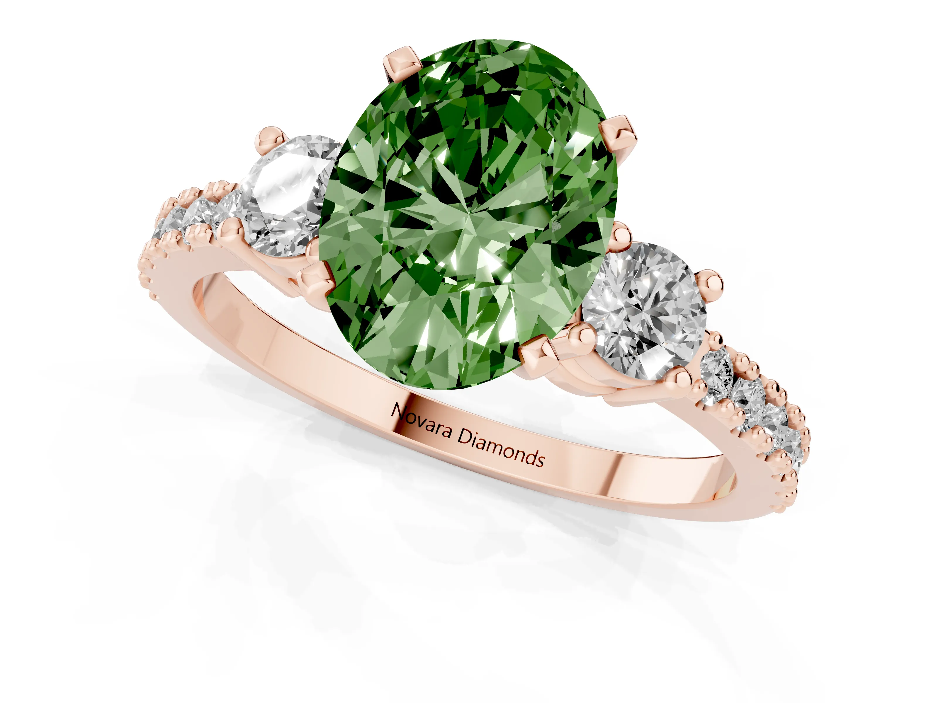 Fancy Green Three-Stone Oval Cut Diamond Pavé Band Ring Set in Rose gold with Prong Setting