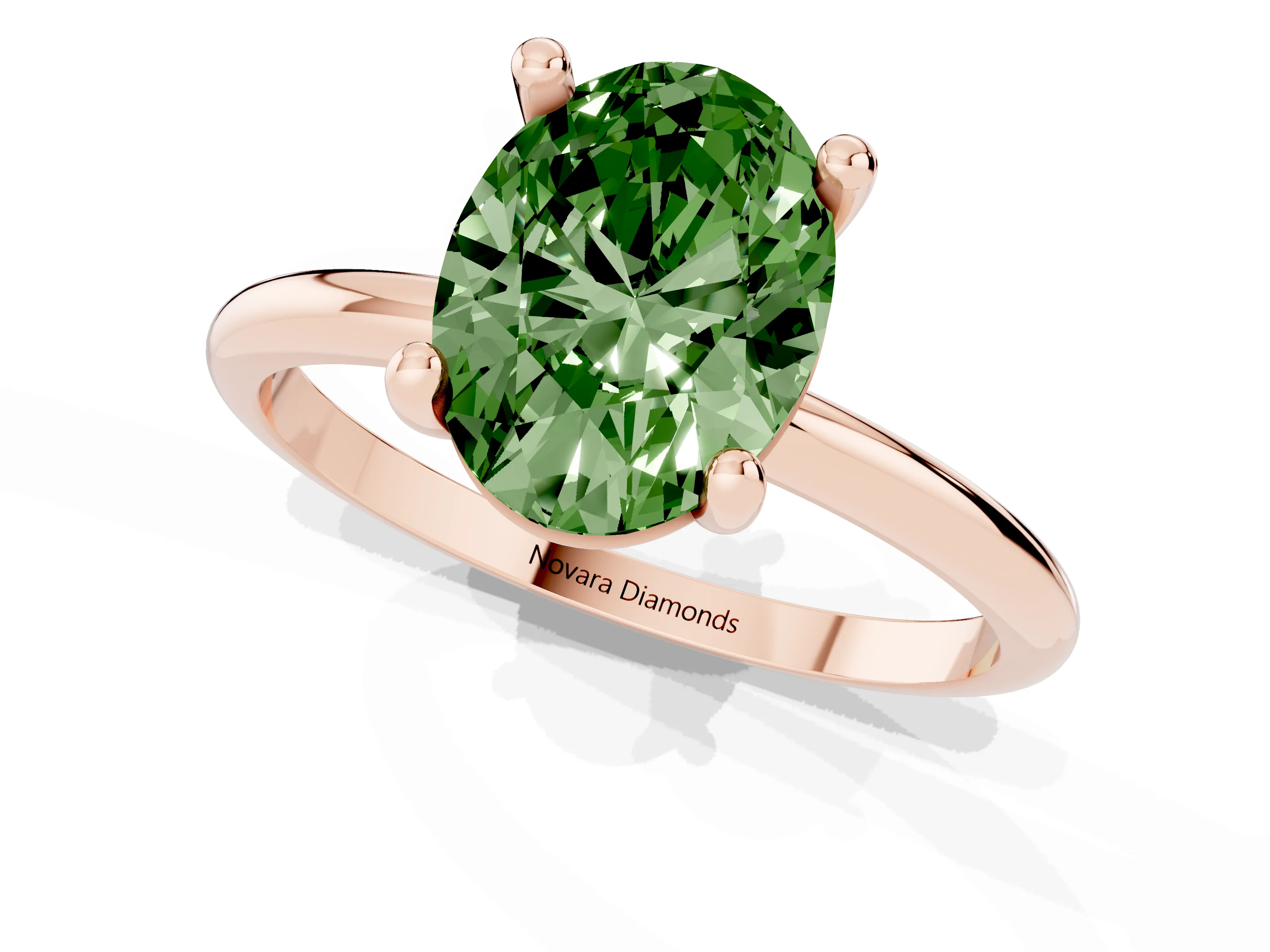 Fancy Green Oval Cut Diamond Solitaire Ring Set in Rose gold with Secure Prong Setting on a Classic Band
