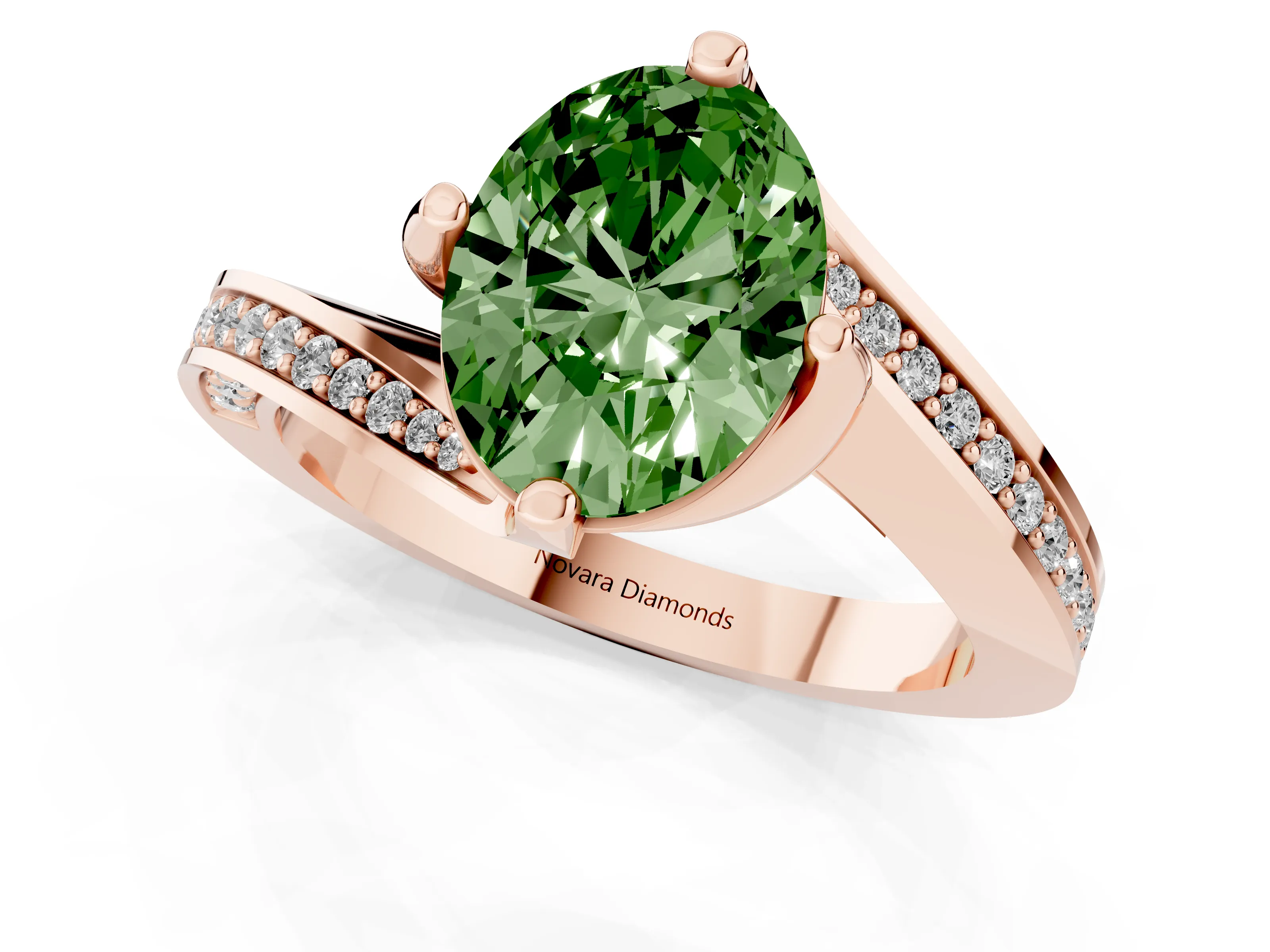 Fancy Green Oval Cut Diamond Solitaire Ring Set in Rose gold with Intertwined Pavé Twist Band