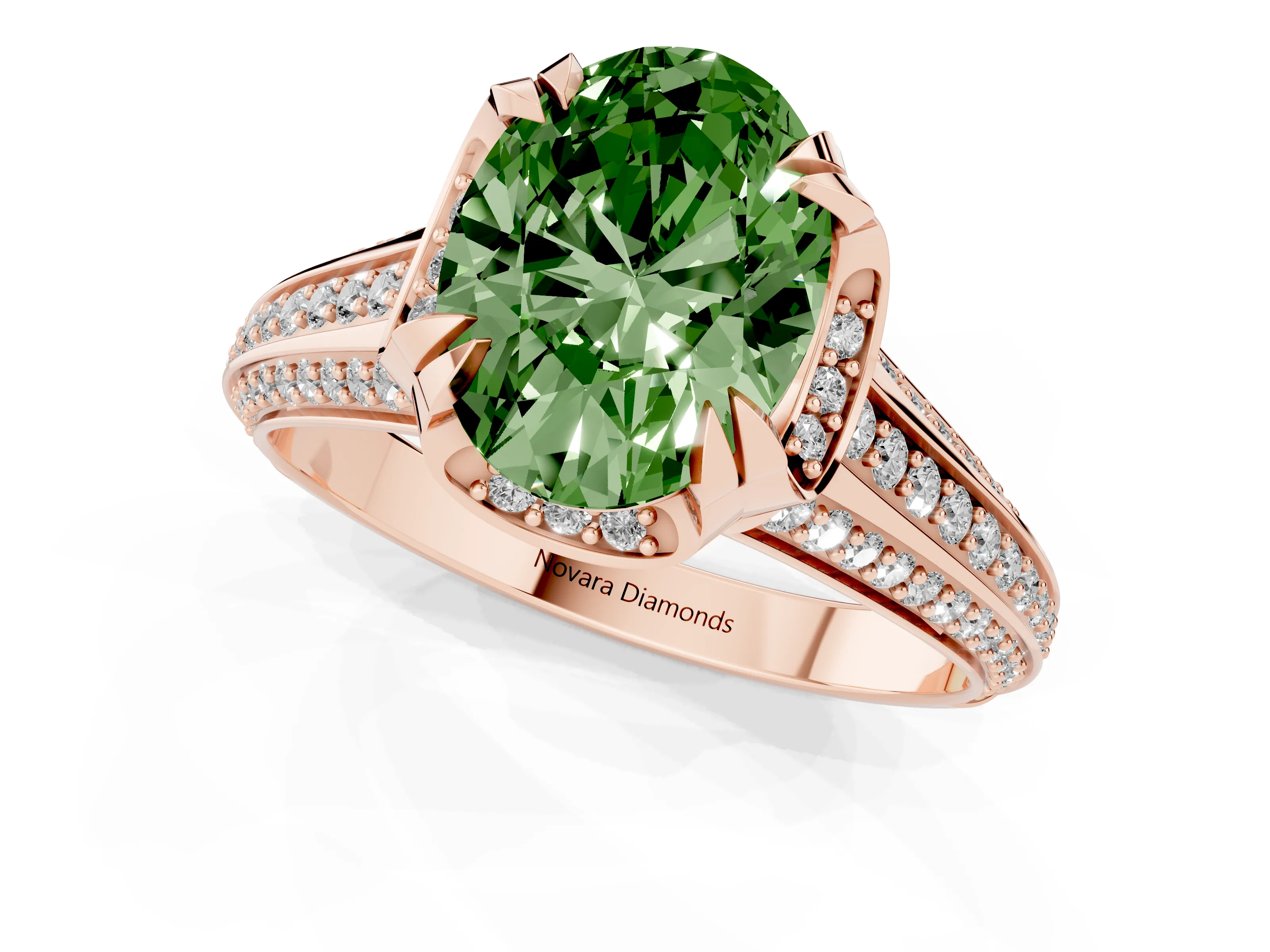 Fancy Green Oval Cut Diamond Pavé Split Shank Solitaire Ring Set in Rose gold with Prong Setting