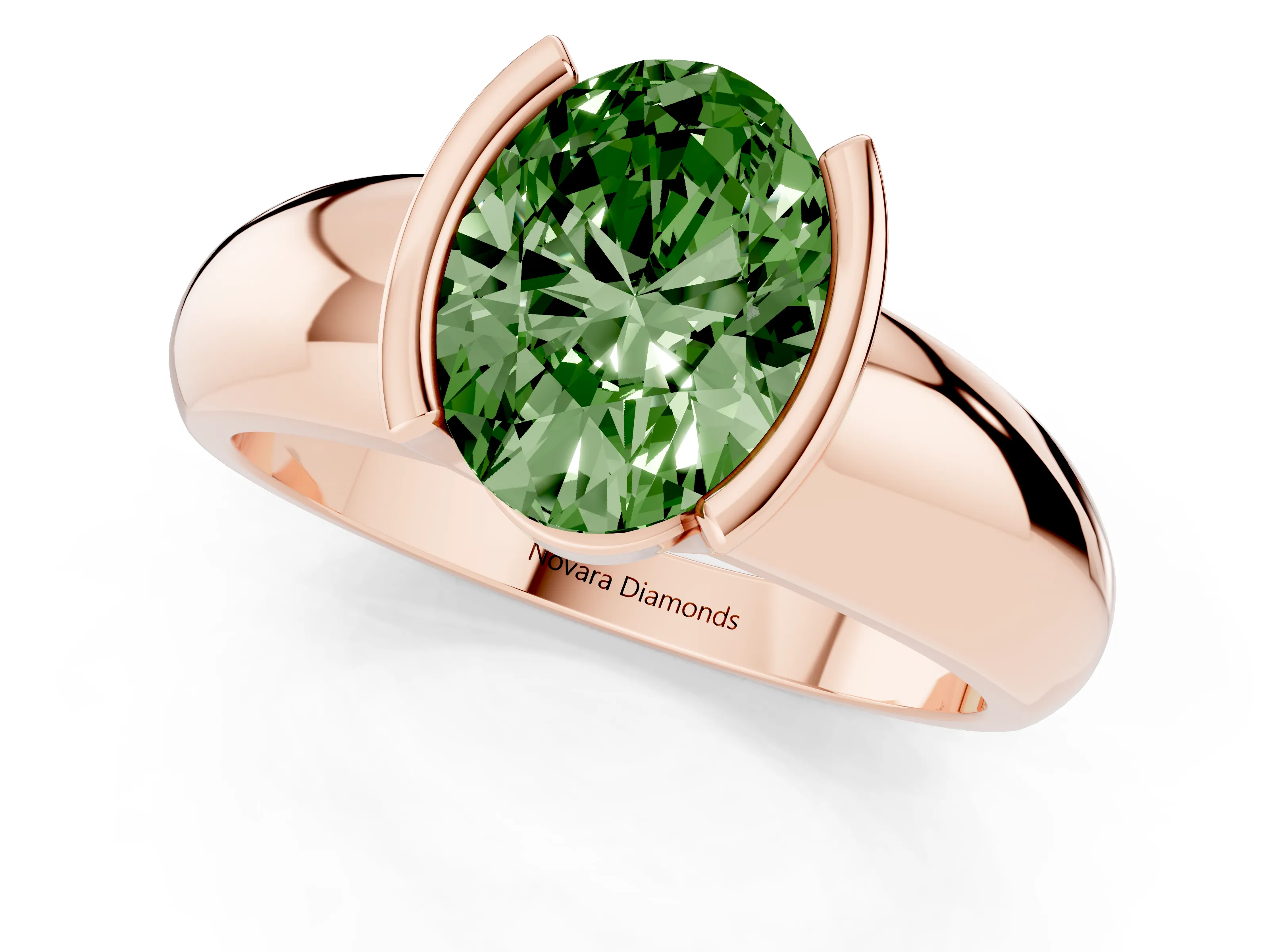 Fancy Green Oval Cut Diamond Solitaire Tension Set Ring Set in Rose gold with Wide Band