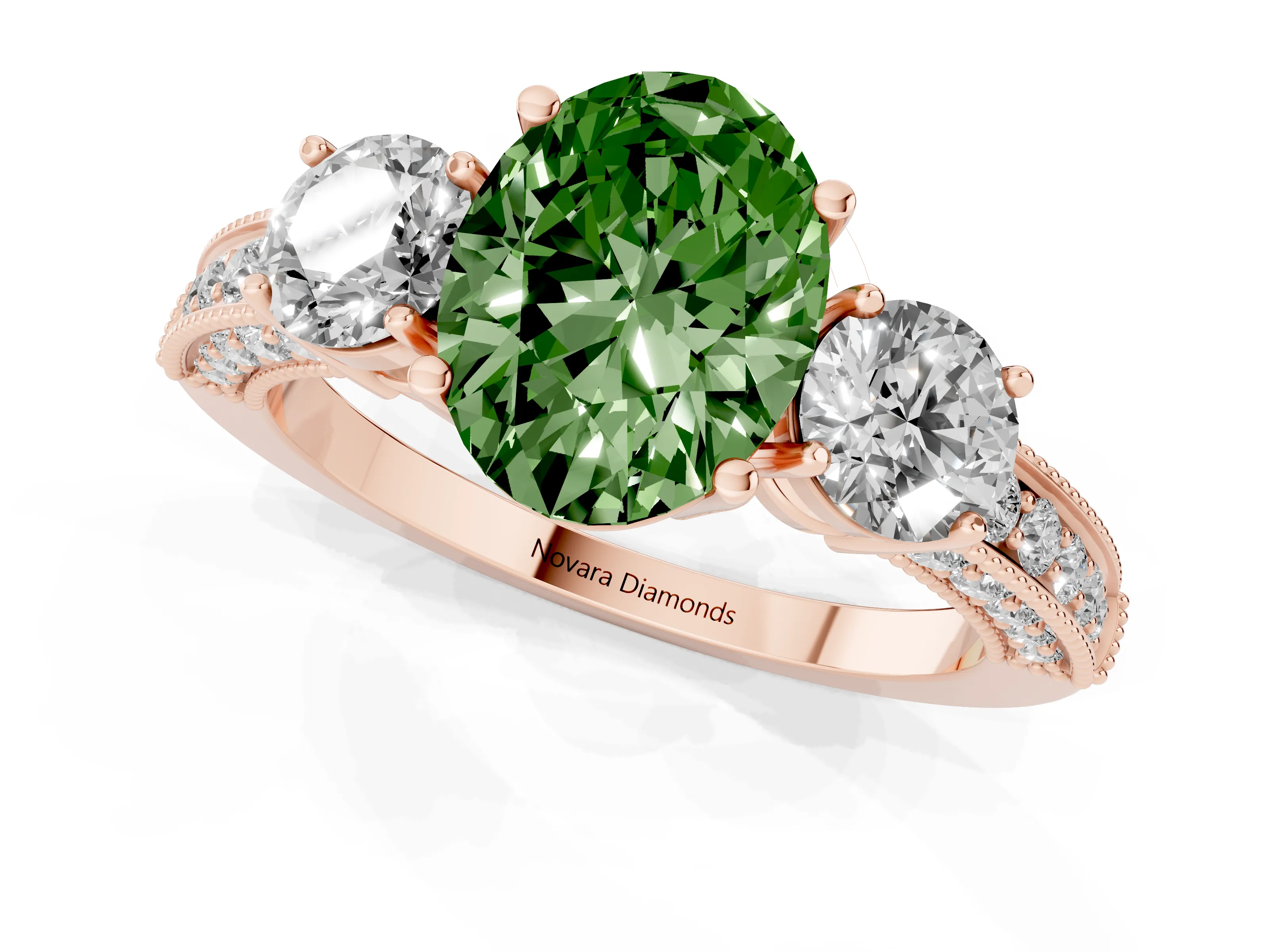 Fancy Green Oval Cut Diamond Three-Stone Ring Set in Rose gold with Round Side Stones and Pavé Band
