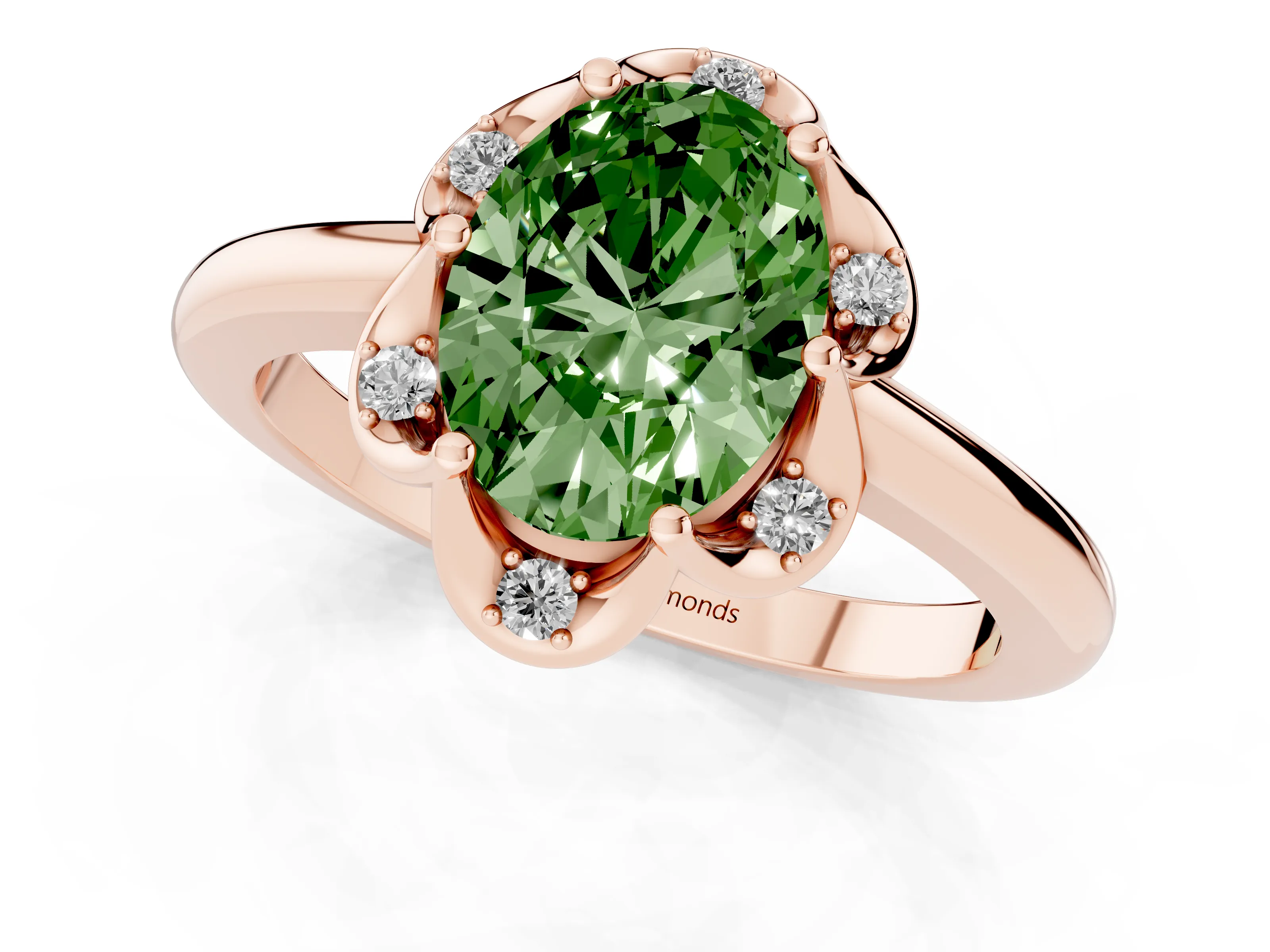 Fancy Green Oval Cut Diamond Round Cluster Halo Ring Set in Rose gold with Solitaire Band and Prong Setting
