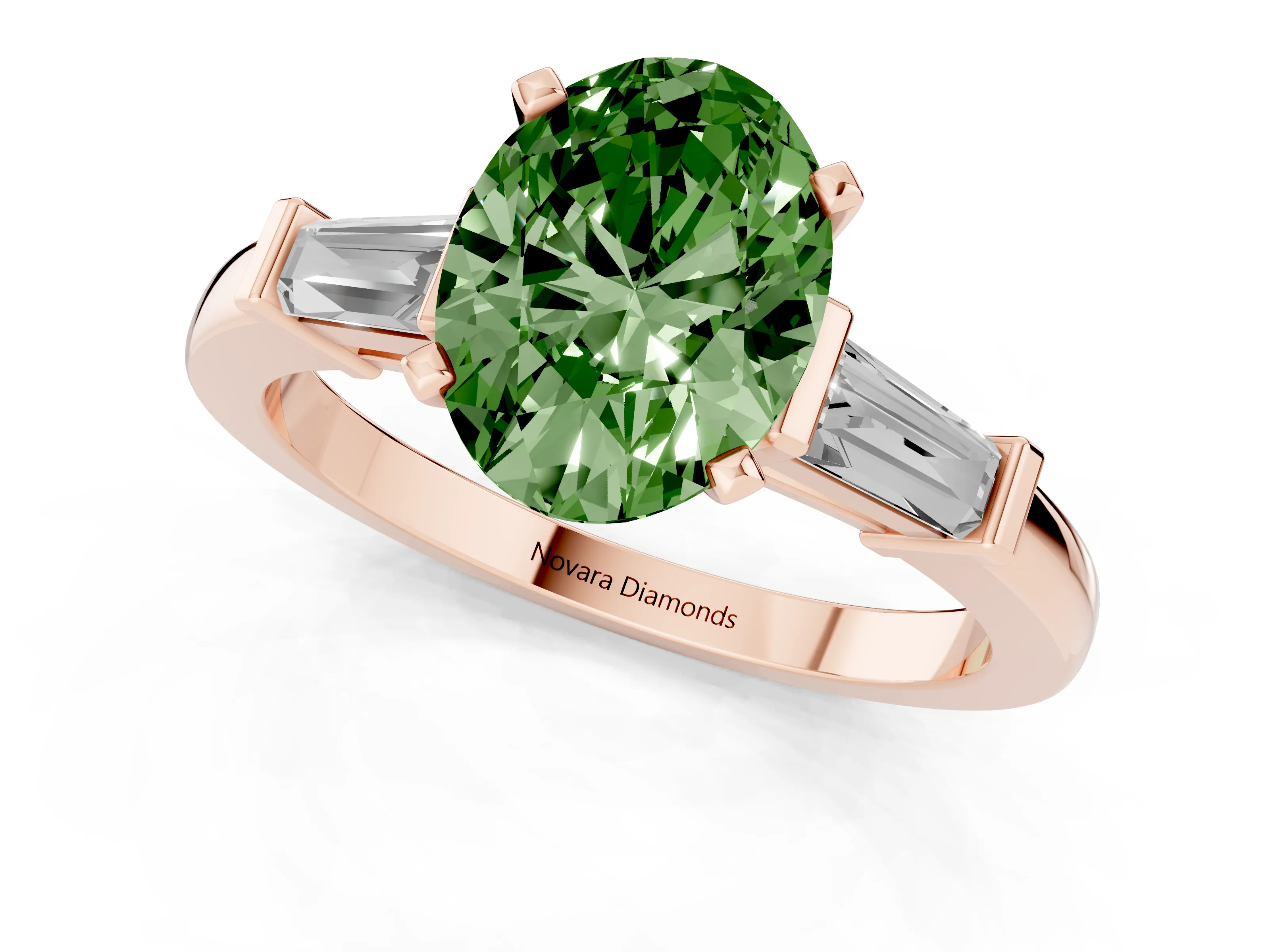 Fancy Green Oval Cut Diamond Solitaire Ring Set in Rose gold with Tapered Baguette Accents and Prong Setting