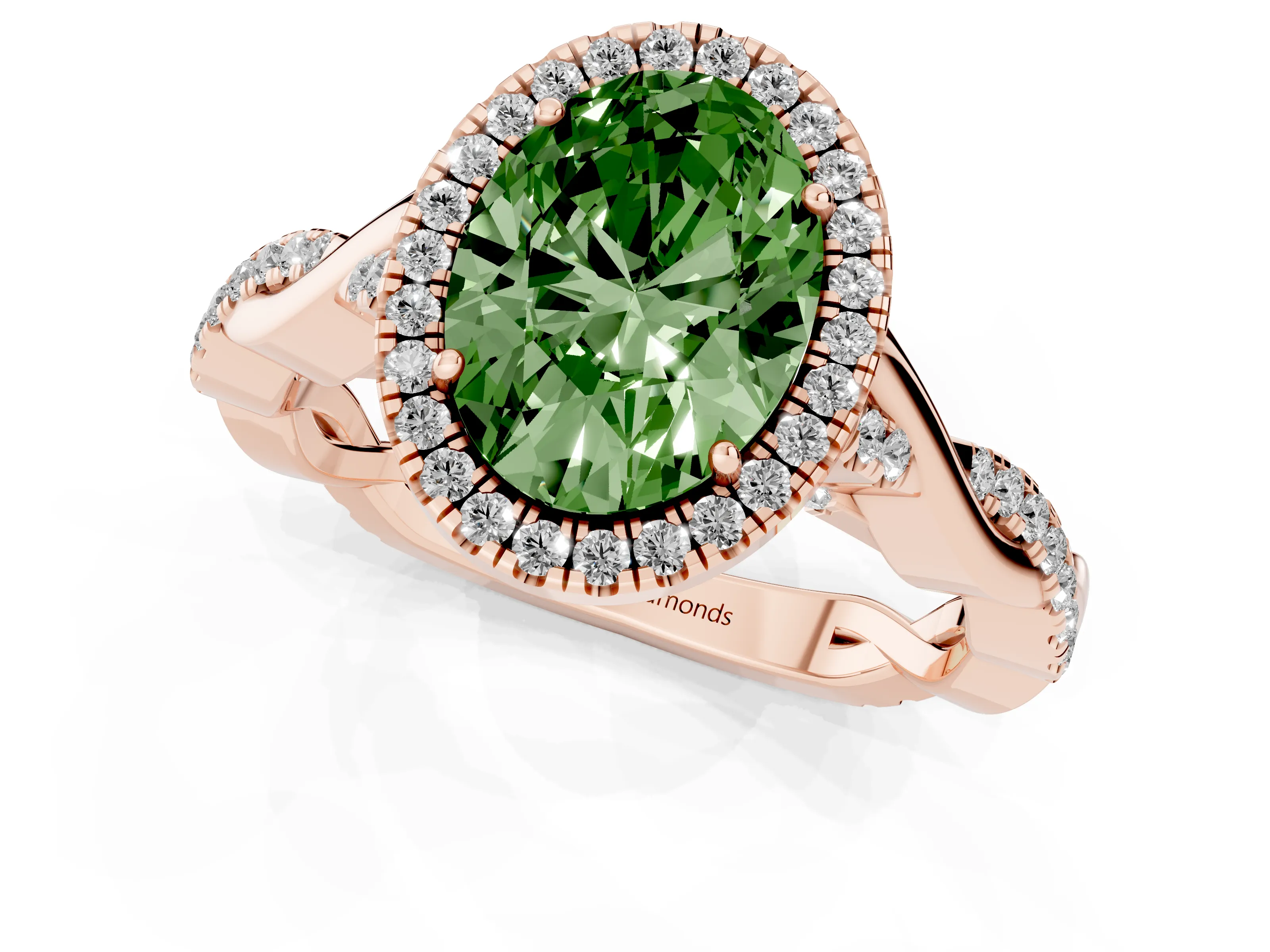 Fancy Green Oval Cut Diamond Halo Twist Band Solitaire Ring Set in Rose gold with Prong Setting