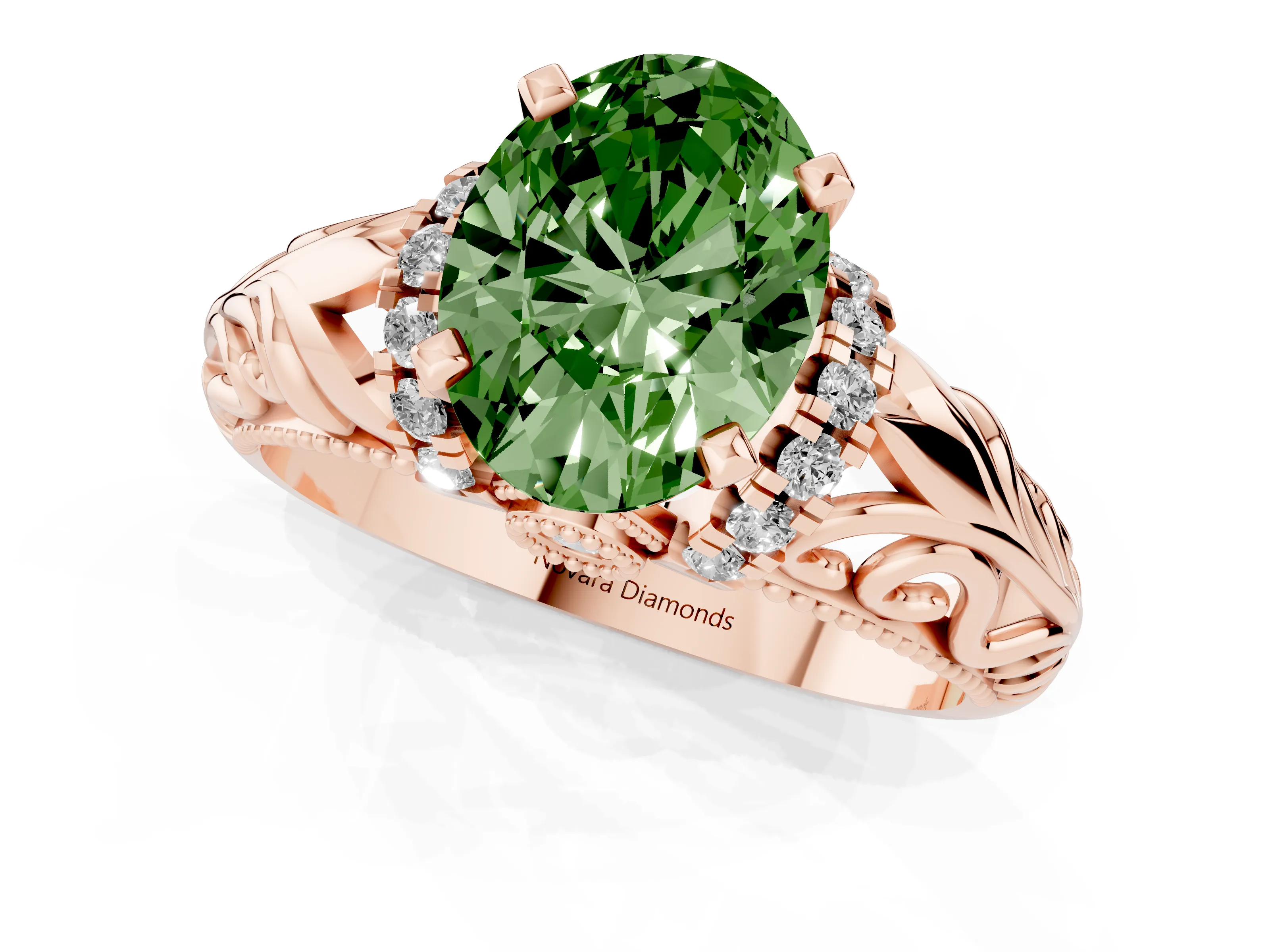 Fancy Green Oval Cut Diamond Filigree Halo Engagement Ring Set in Rose gold with Prong Setting